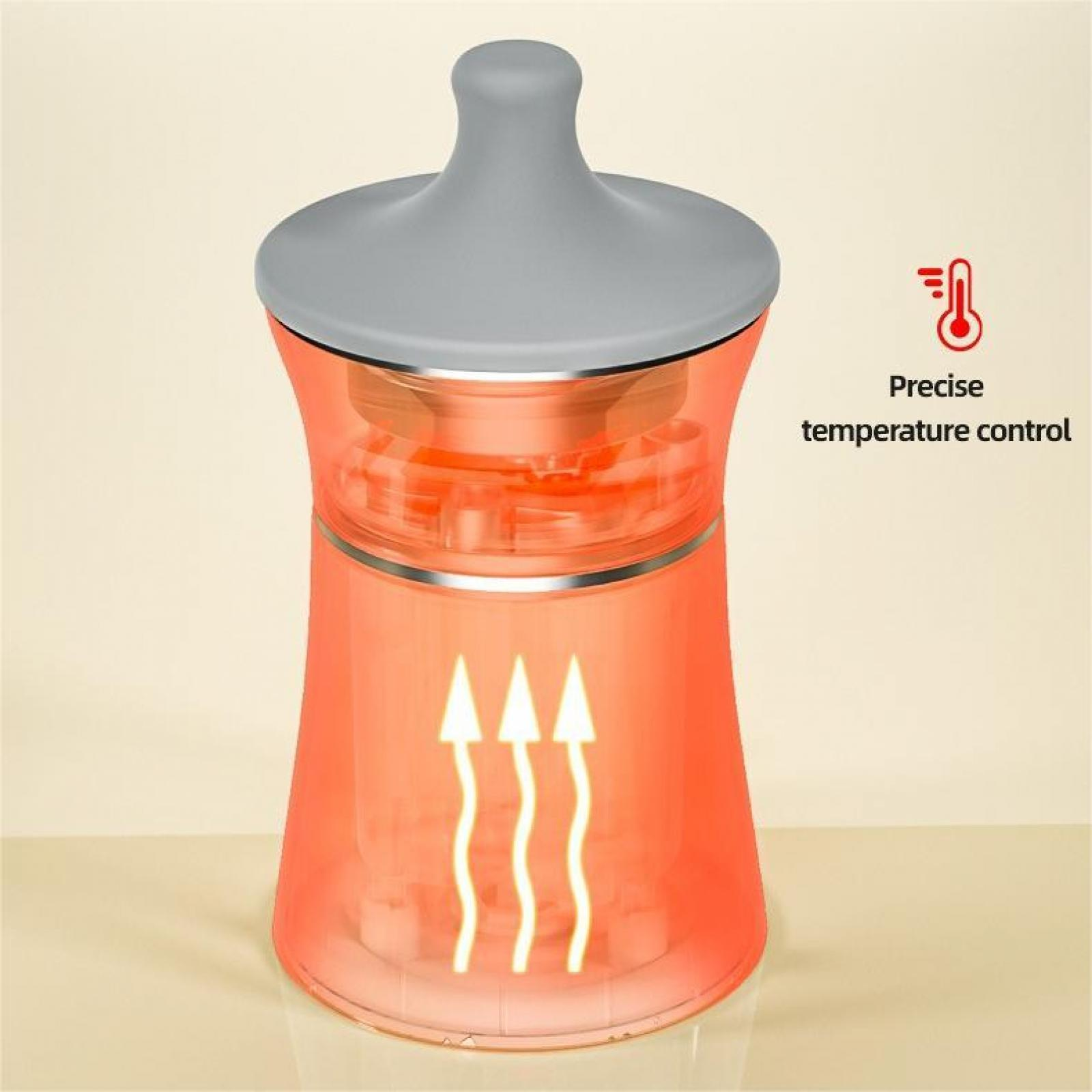 Ein orangefarbener Flaschenwärmer mit grauem Deckel. Pfeile innen zeigen das Heizen an. Text rechts: 'Präzise Temperaturregelung'.