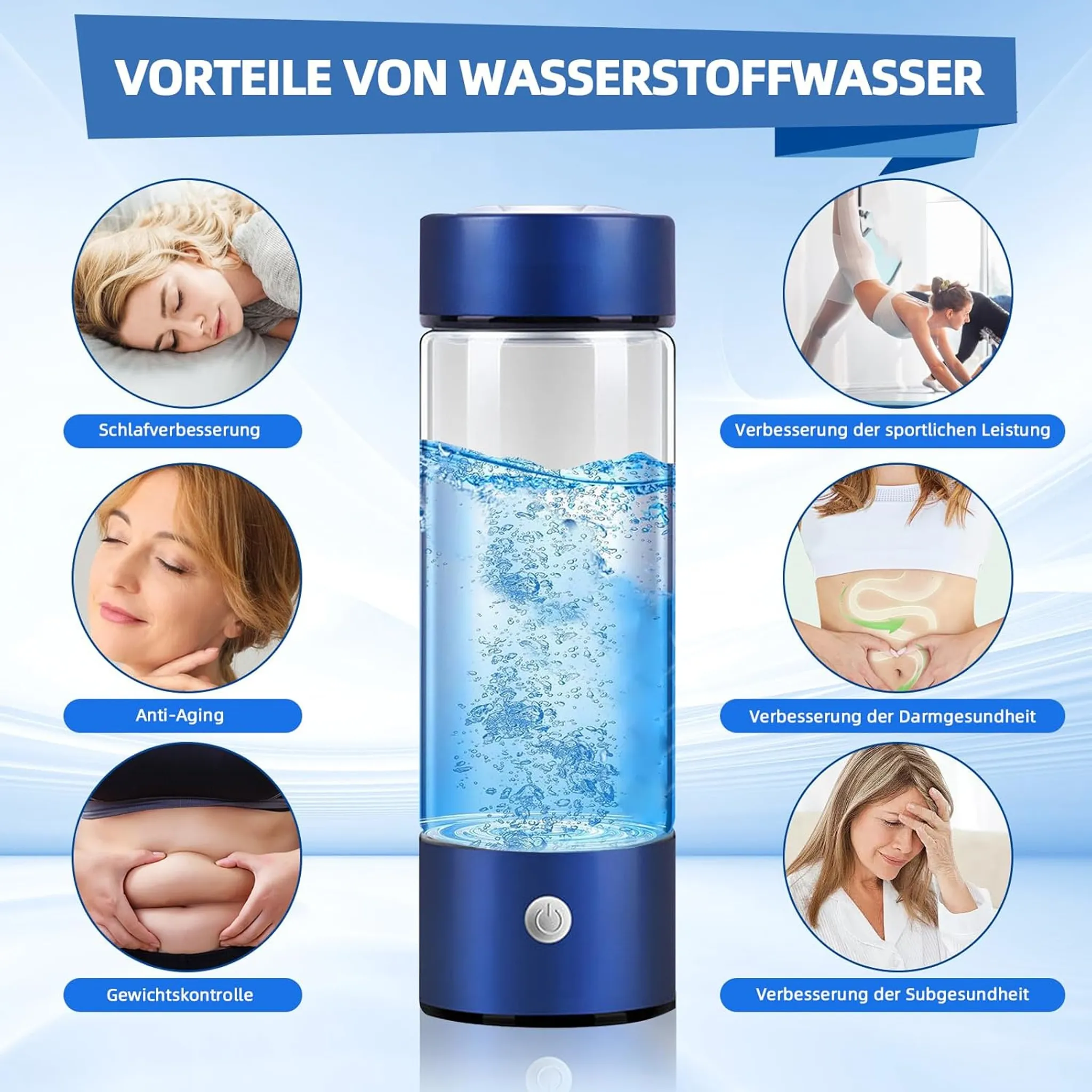 Das Bild zeigt eine Wasserstoffwasserflasche mit Vorteilen wie Schlaf, Anti-Aging und Gesundheitsverbesserung.