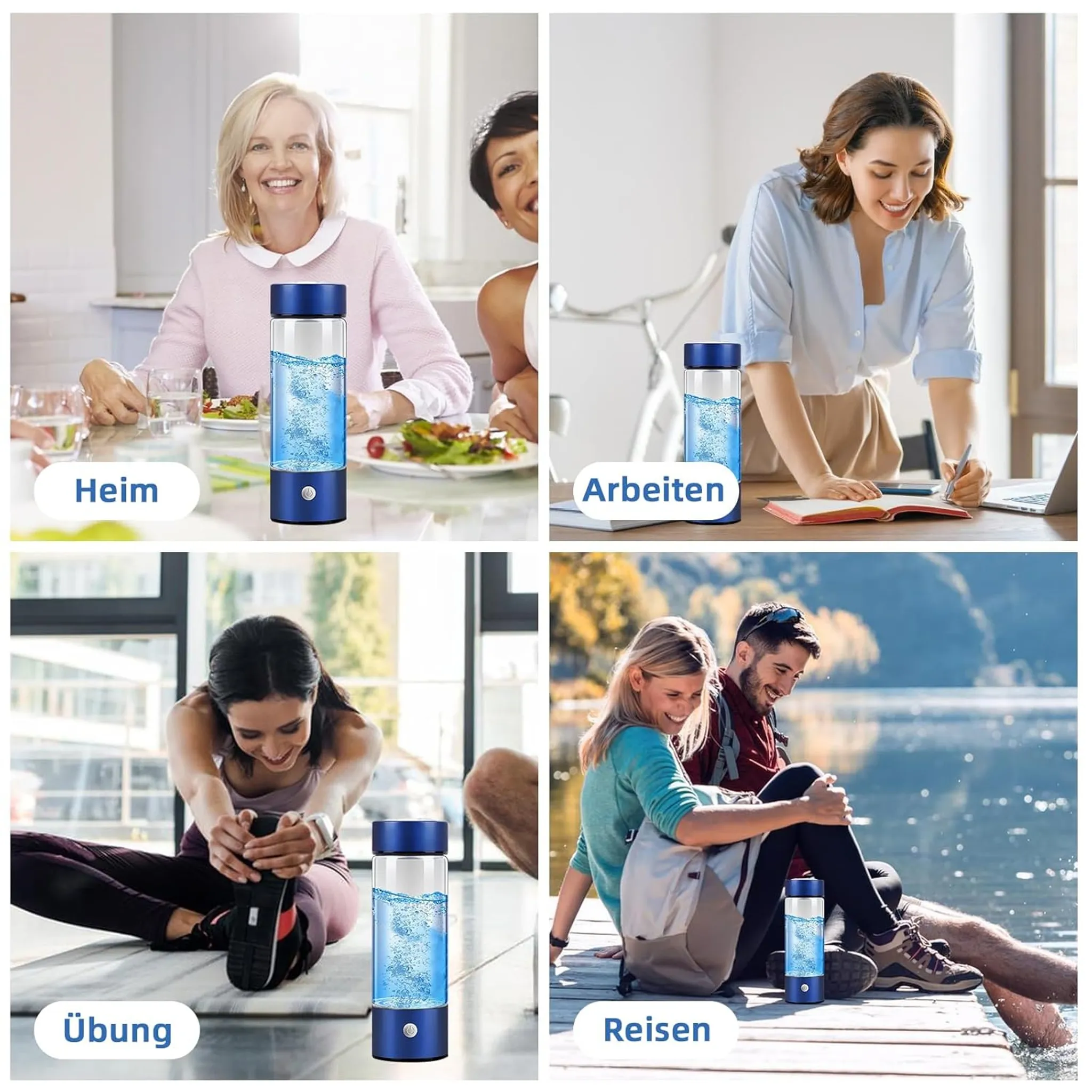 Vier Bilder, die eine Wasserflasche in verschiedenen Umgebungen zeigen: Zuhause, Arbeit, Sport und Reisen. Menschen benutzen die Flasche.