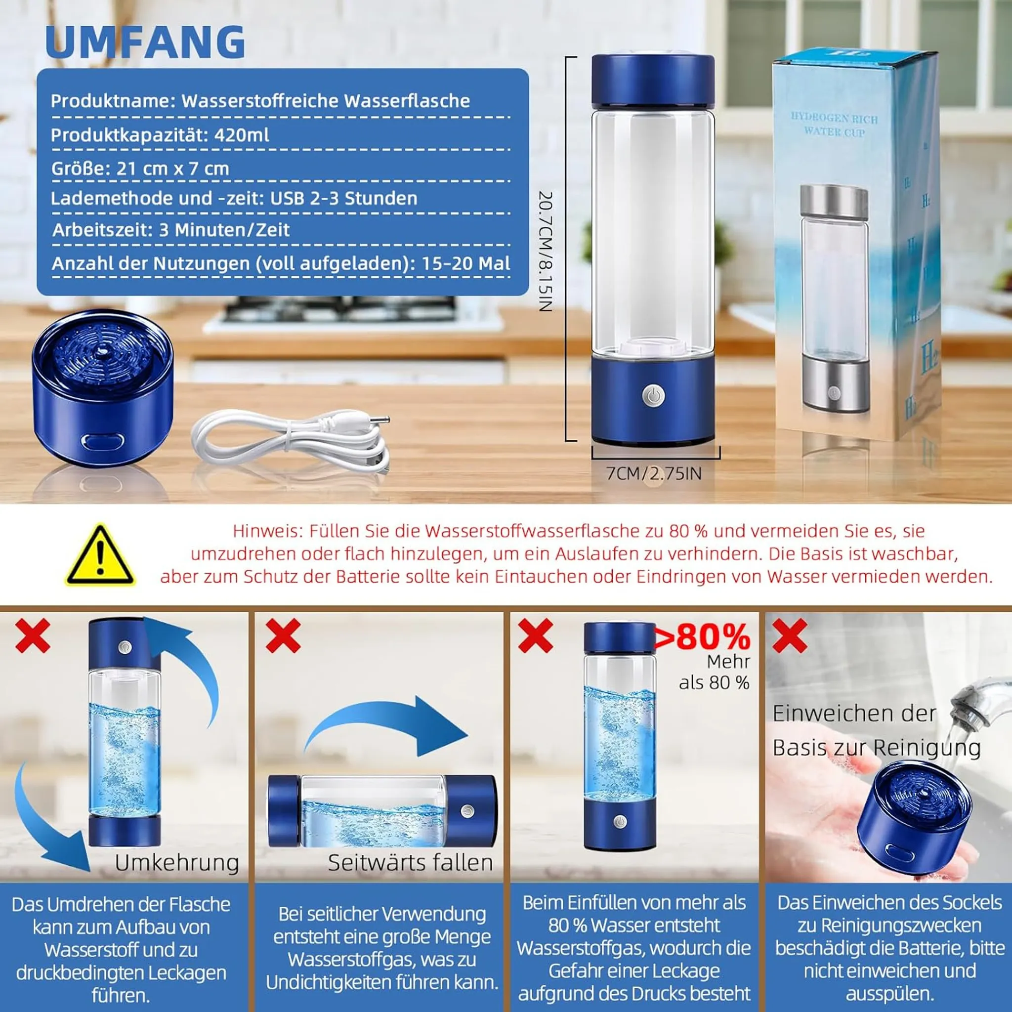 Eine blaue Wasserflasche mit Anweisungen. Die Flasche ist für wasserstoffreiches Wasser. Text auf Deutsch.
