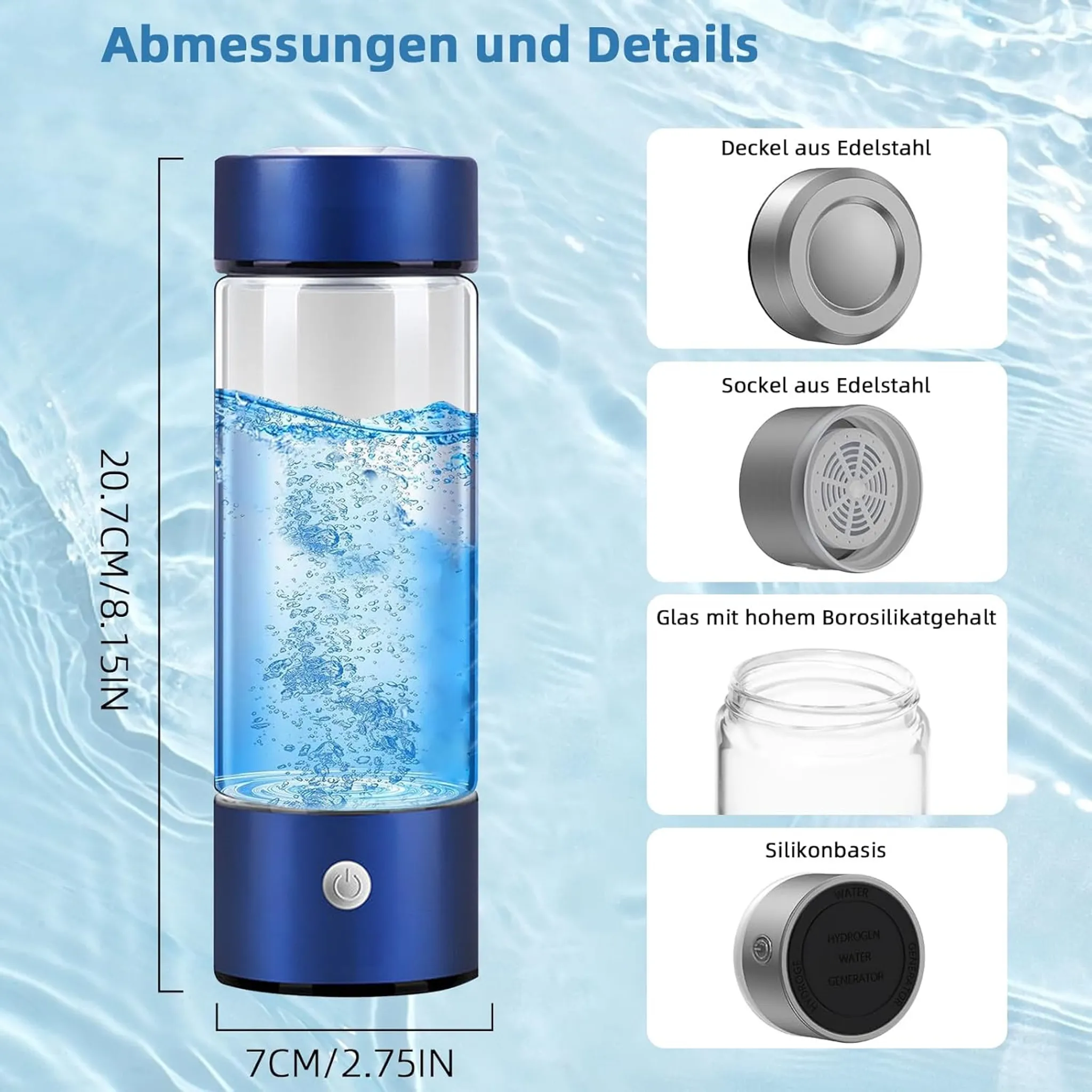 Eine Wasserflasche mit blauem Boden und Deckel, 20,7 cm groß. Details umfassen Edelstahlteile und eine Silikonbasis.