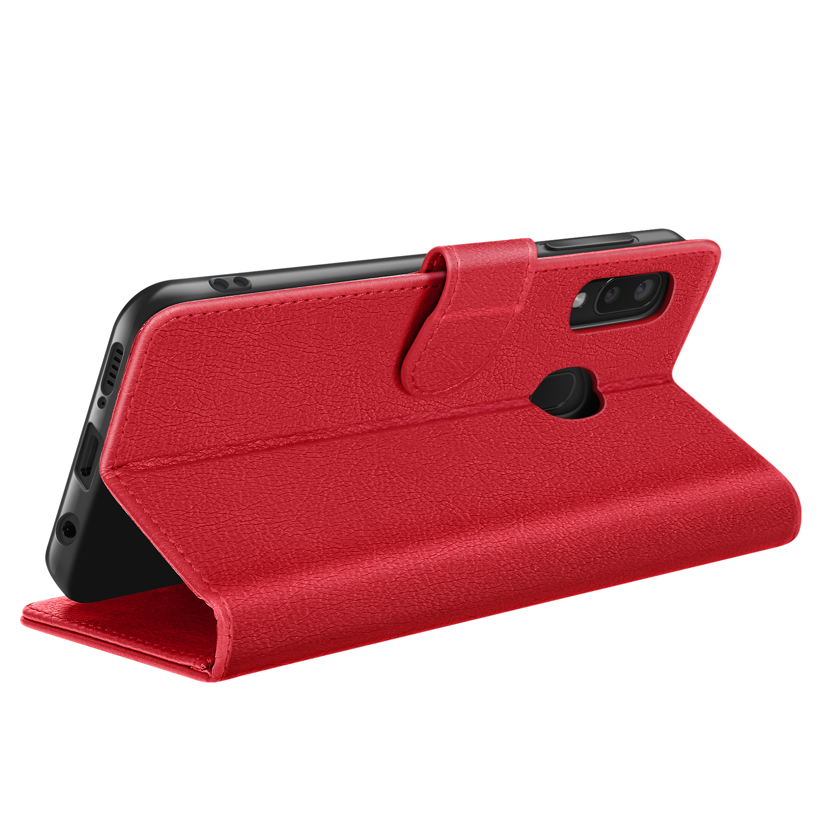 Rode leren telefoonhoes met telefoon erin. De hoes heeft een flip cover en een camera-uitsparing.