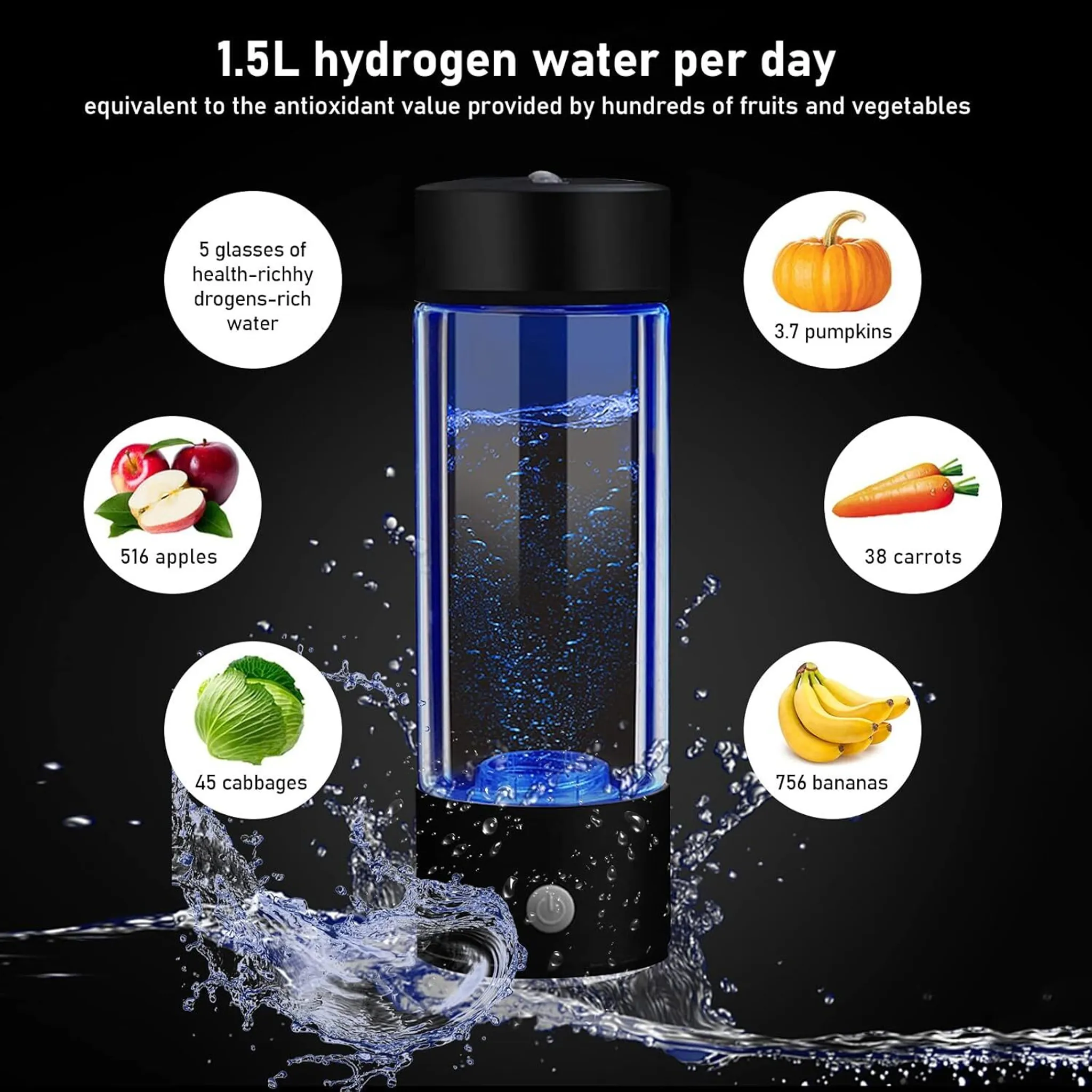 Eine Wasserstoffwasserflasche mit Obst- und Gemüse-Symbolen. Enthält Äpfel, Kürbisse, Karotten, Kohl und Bananen.