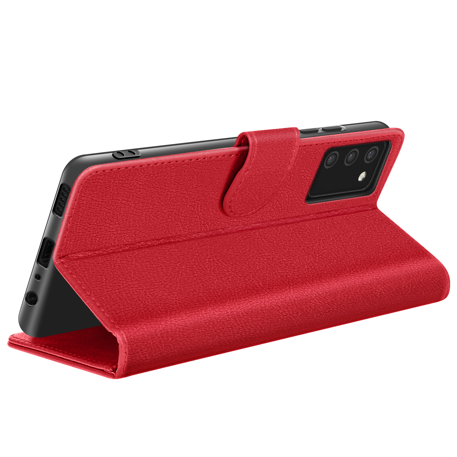 Een rode telefoonhoes is open en toont een zwarte telefoon. De hoes is leerachtig en heeft een magnetische sluiting.