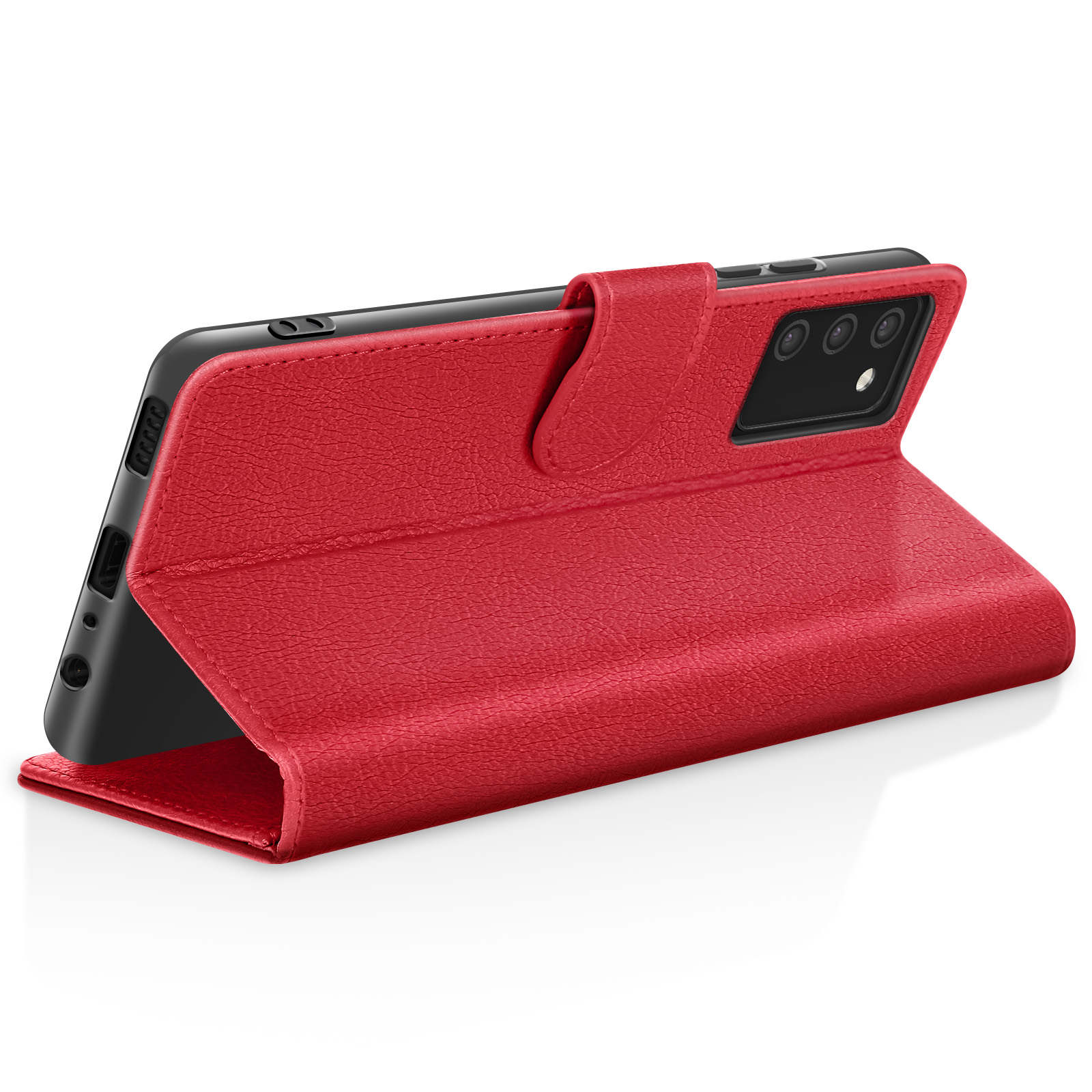 Rode telefoonhoes met een opvouwbaar ontwerp. Het heeft een magnetische sluiting en een zwarte telefoon binnenin. De achtergrond is wit.