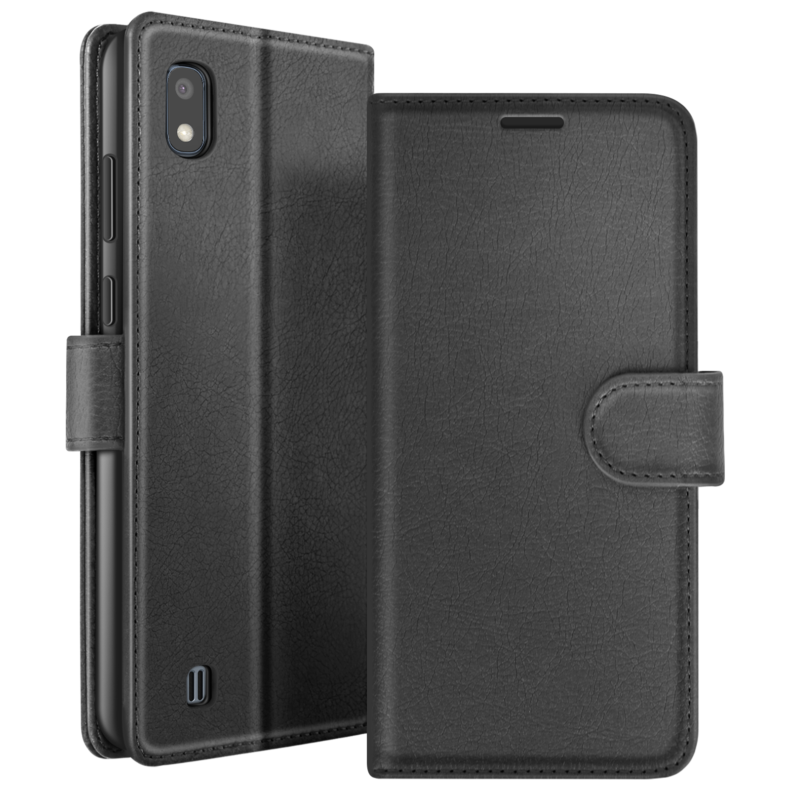 Custodia per telefono in pelle nera con coperchio a ribalta, aperta per rivelare il telefono. Chiusura con bottone e ritaglio per la fotocamera.