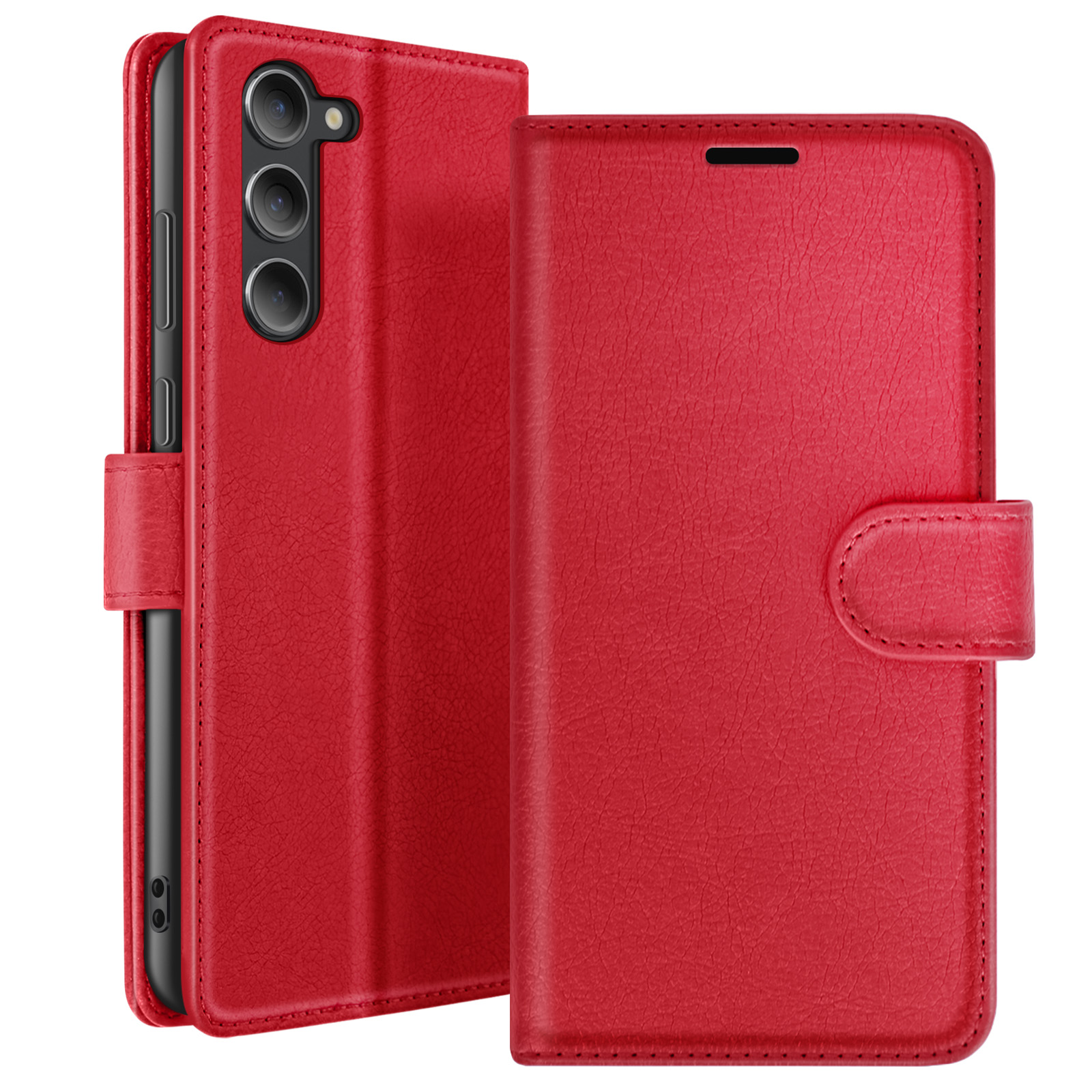 Un étui de téléphone en cuir rouge, ouvert sur le côté, montrant le téléphone. L'étui a une fermeture magnétique.