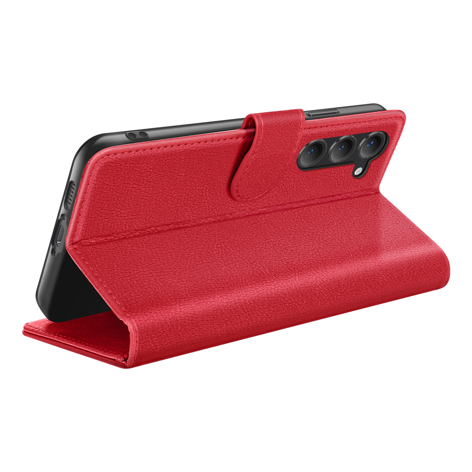 Un étui de téléphone rouge avec un téléphone à l'intérieur. L'étui est ouvert, montrant l'écran. Le téléphone a plusieurs caméras.