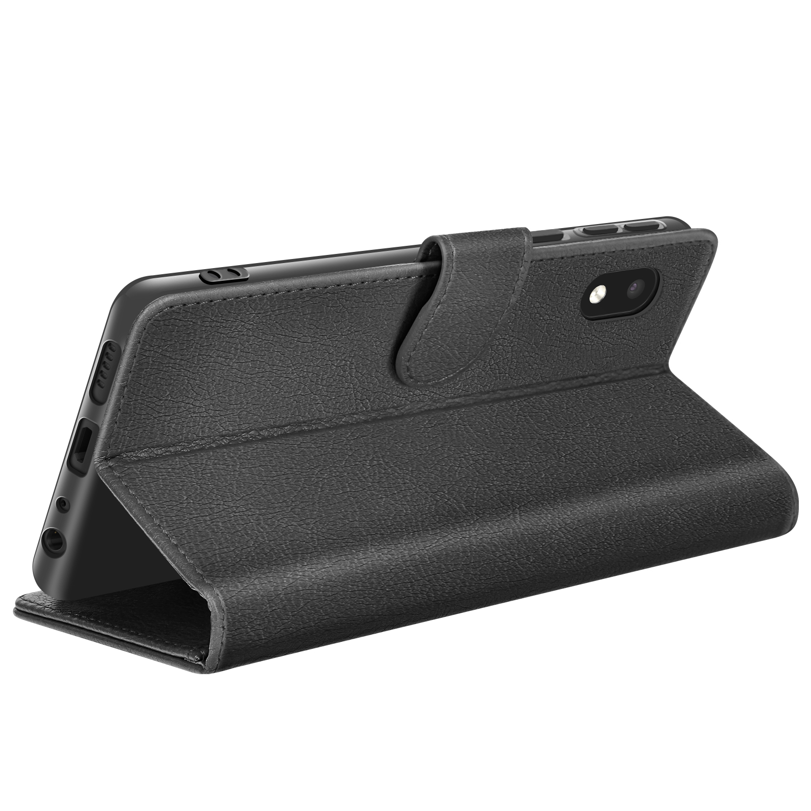 Una custodia nera per smartphone è aperta, rivelando un telefono nero. La custodia è realizzata in materiale strutturato, con chiusura magnetica.
