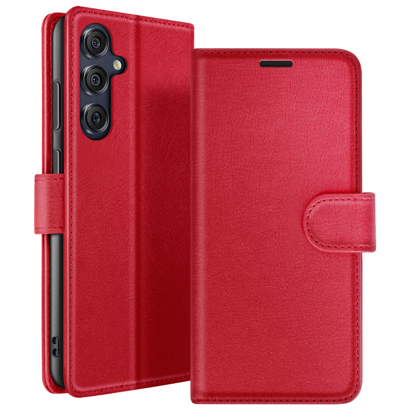 Custodia rossa per telefono, aperta per mostrare il telefono. La custodia è similpelle con chiusura magnetica.