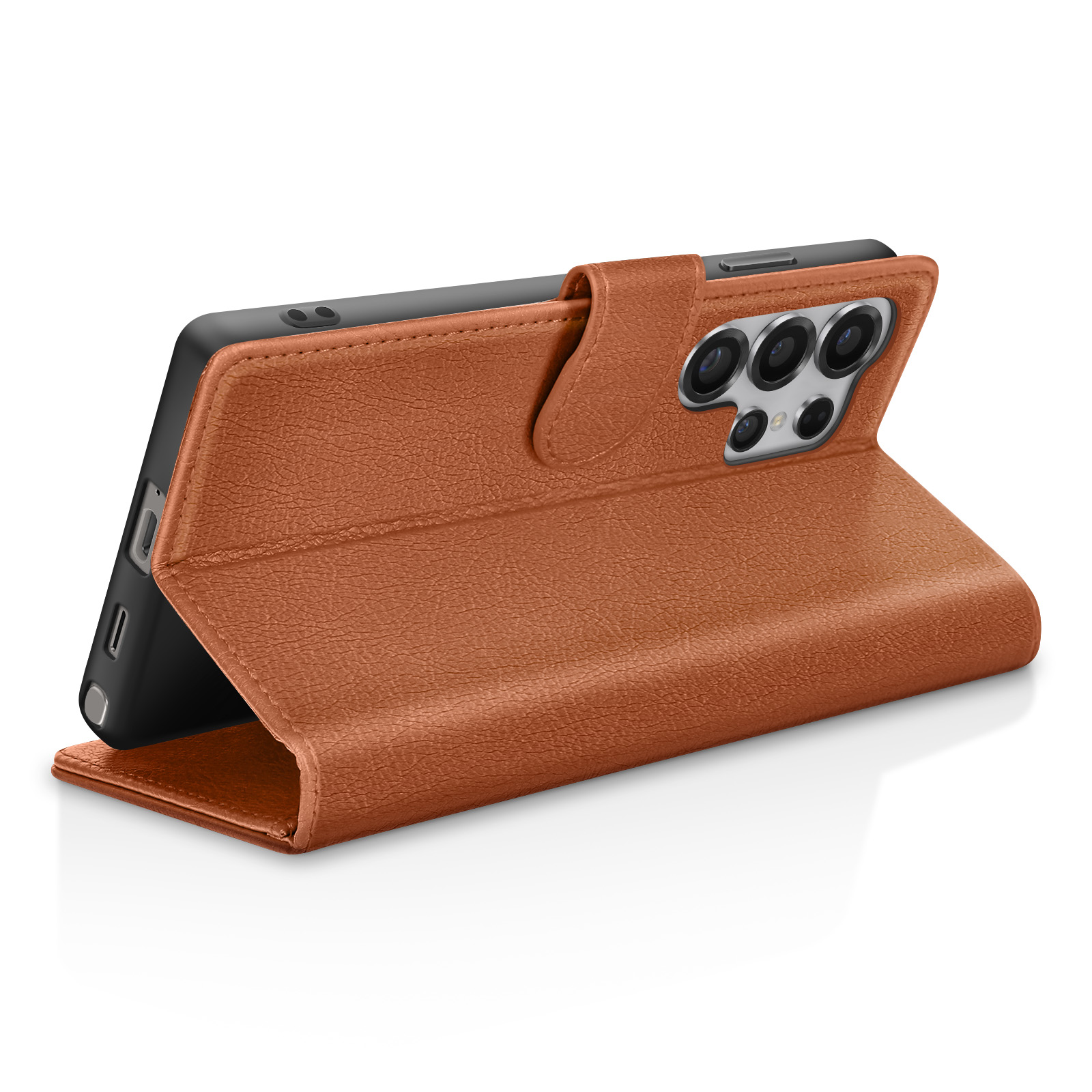 Eine braune Leder-Handyhülle mit einem Telefon darin. Die Hülle ist offen und steht aufrecht.
