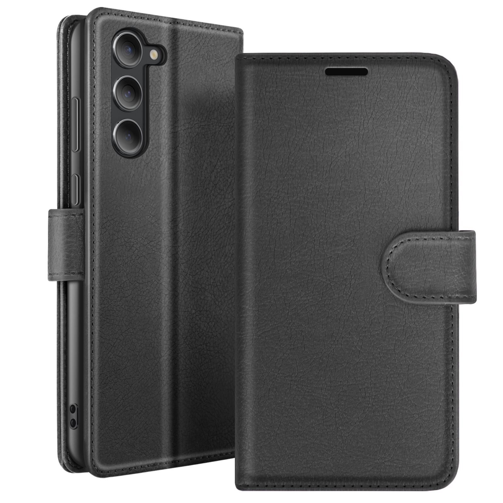 Étui de téléphone en cuir noir, ouvert et fermé. Le côté ouvert montre le téléphone avec des caméras, le côté fermé a un bouton.