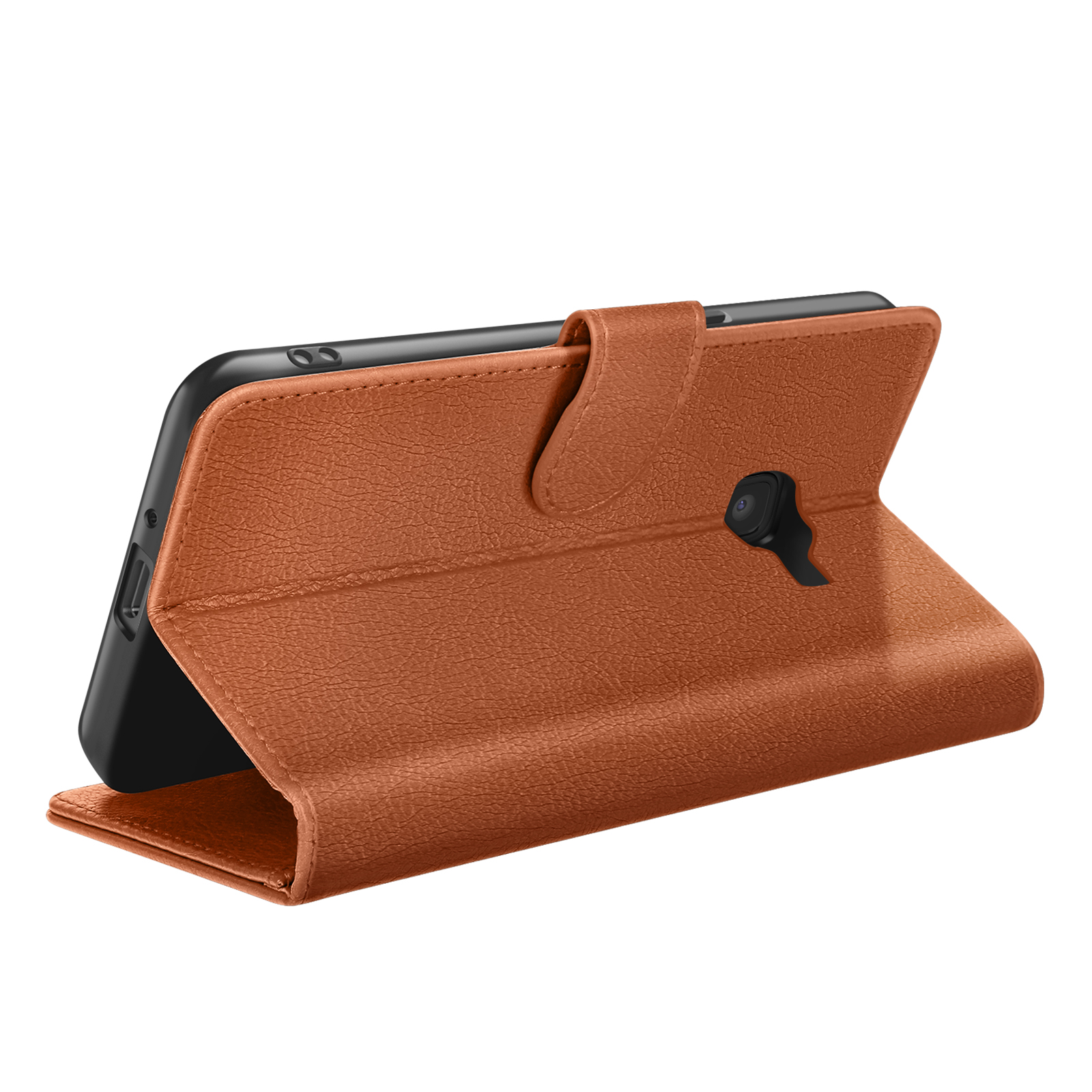 Un étui de téléphone en cuir marron, ouvert et supportant un téléphone noir. Fond blanc.