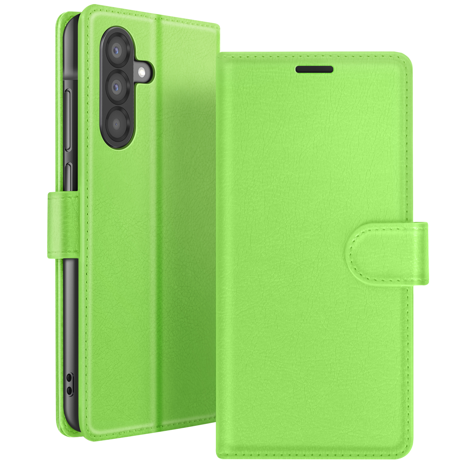 Groene telefoonhoes open en dicht. De open kant toont een telefoon met camera's, de gesloten kant heeft een sluiting.