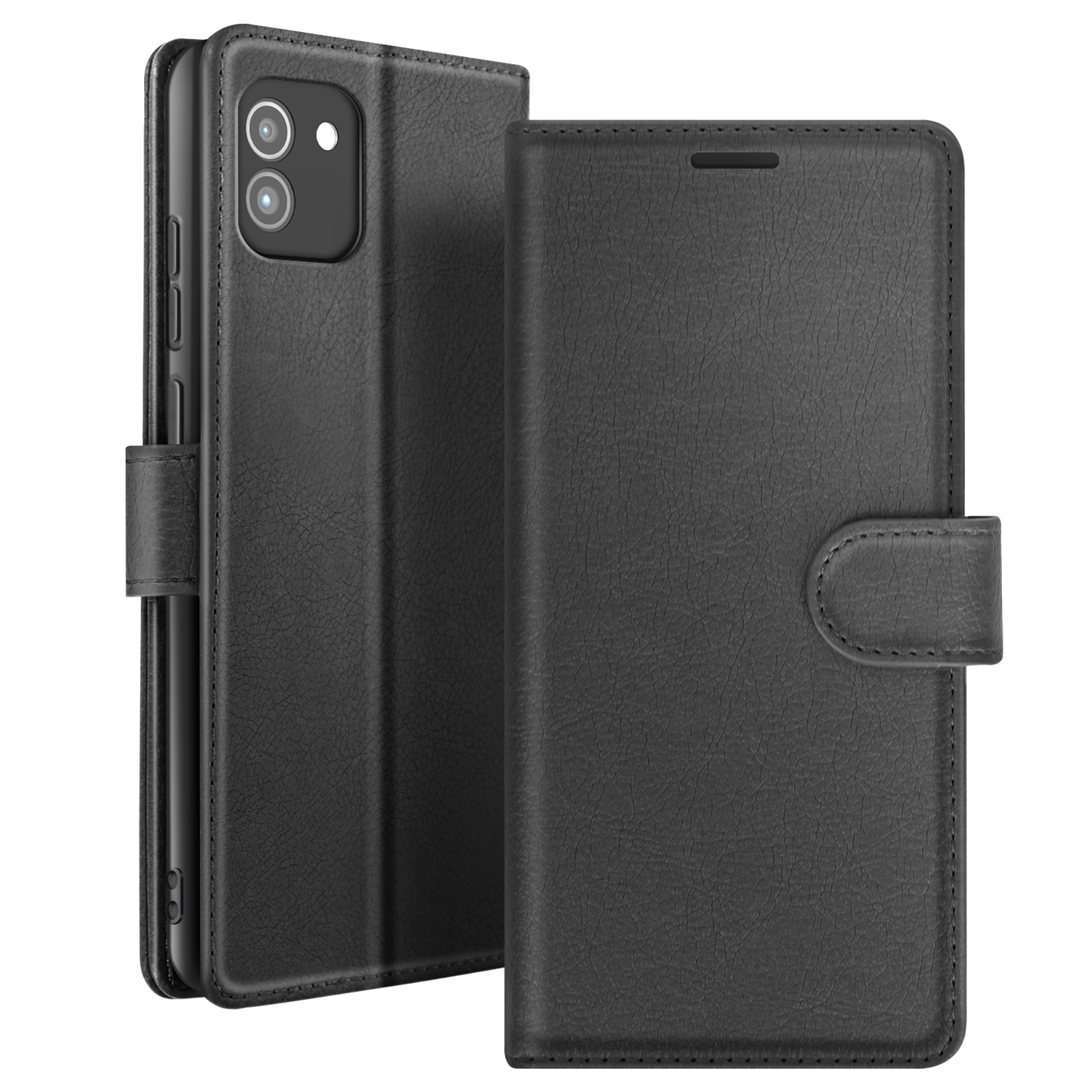 Zwarte leren telefoonhoes, open. Toont telefoon met camera. Knopsluiting, gestikte randen.