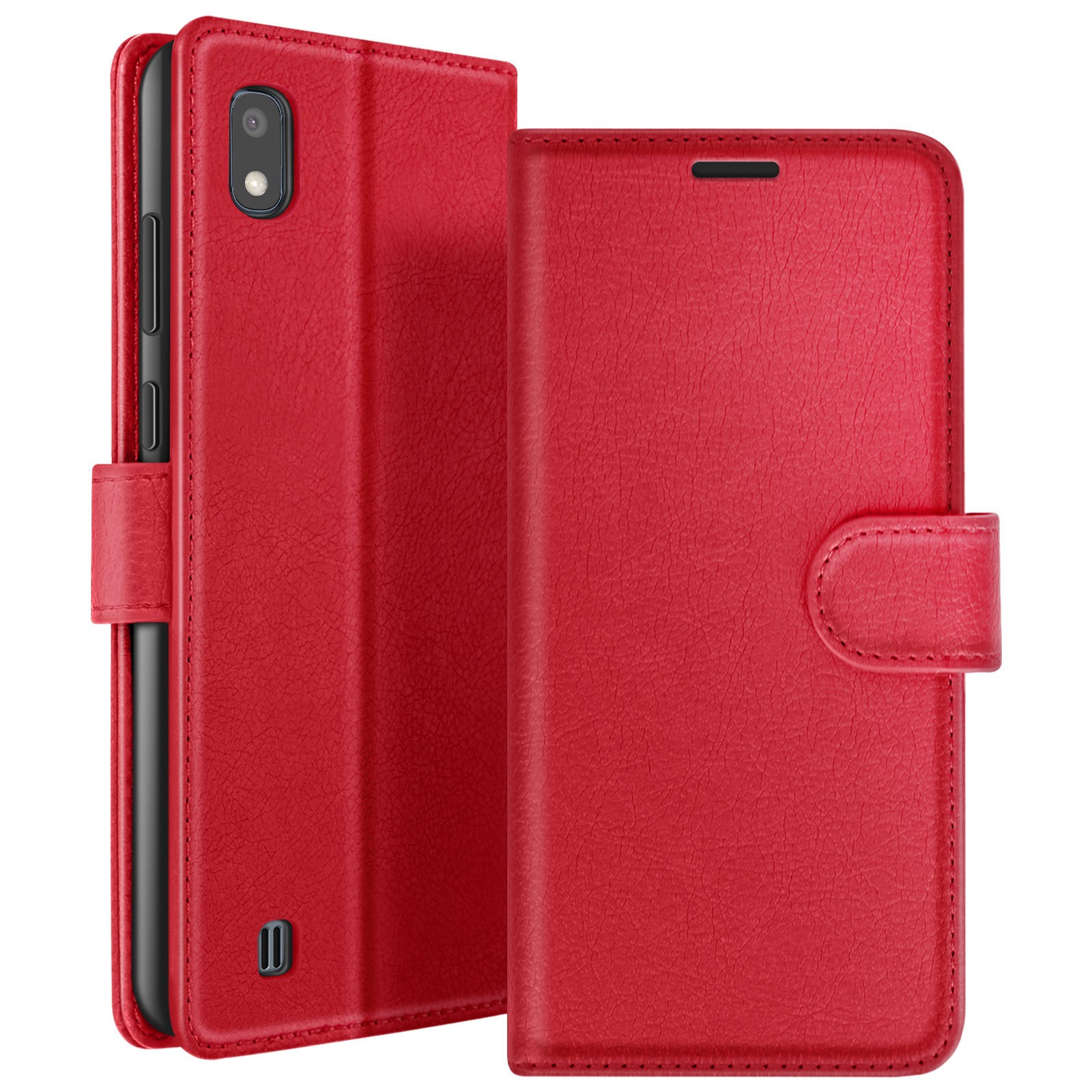 Custodia per telefono rossa in similpelle, aperta e chiusa. Ha una chiusura magnetica e contiene un telefono.
