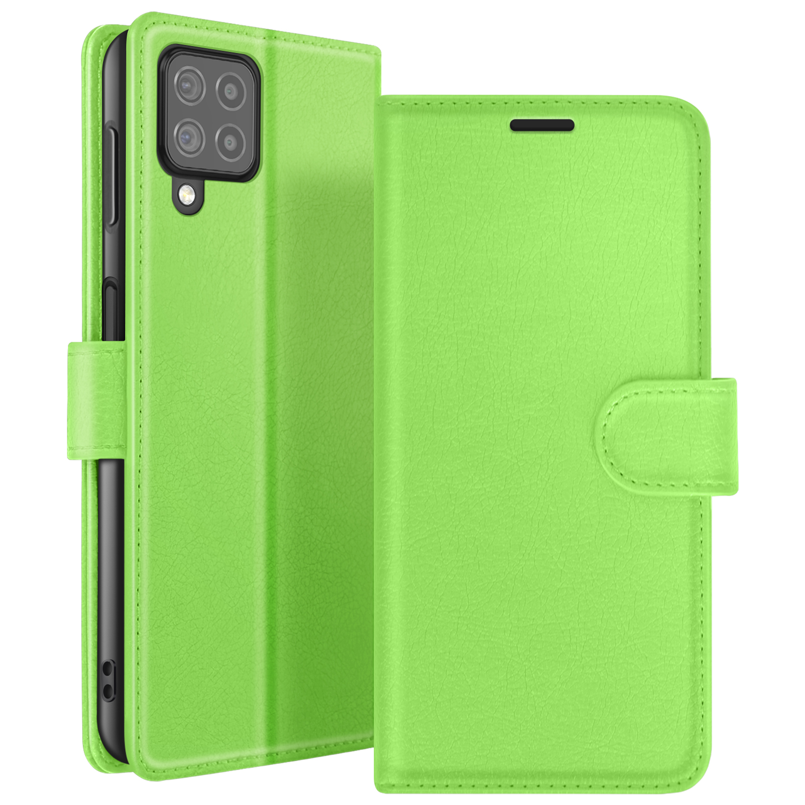 Een groene telefoonhoes is open en toont een telefoon. De hoes heeft een sluiting en staat op een witte achtergrond.