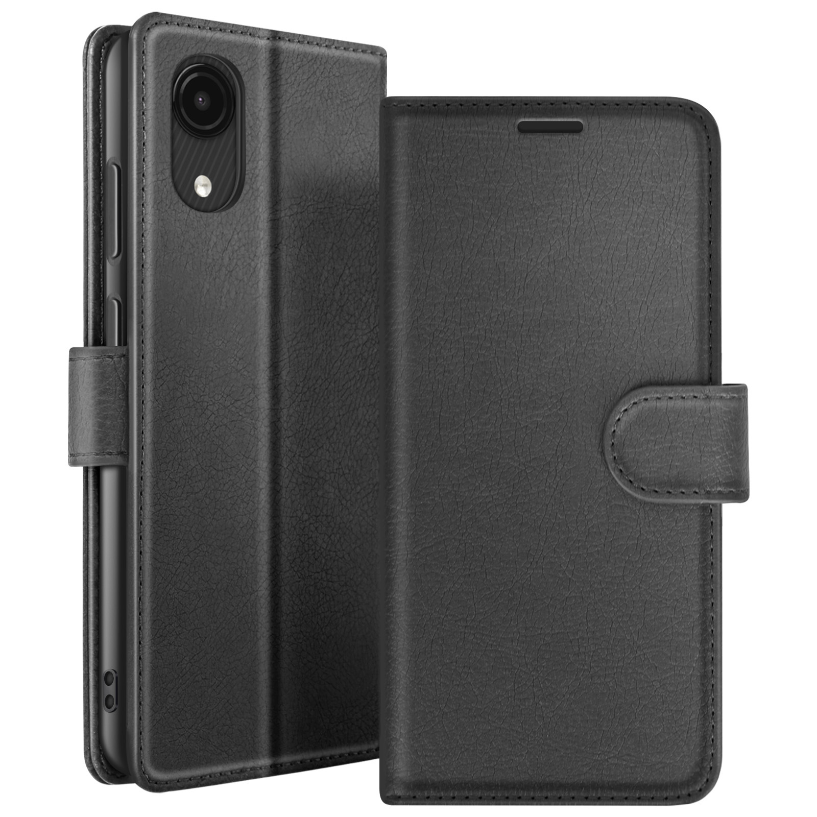 Custodia per telefono nera con patta. Mostra il telefono e la cover chiusa con un bottone.