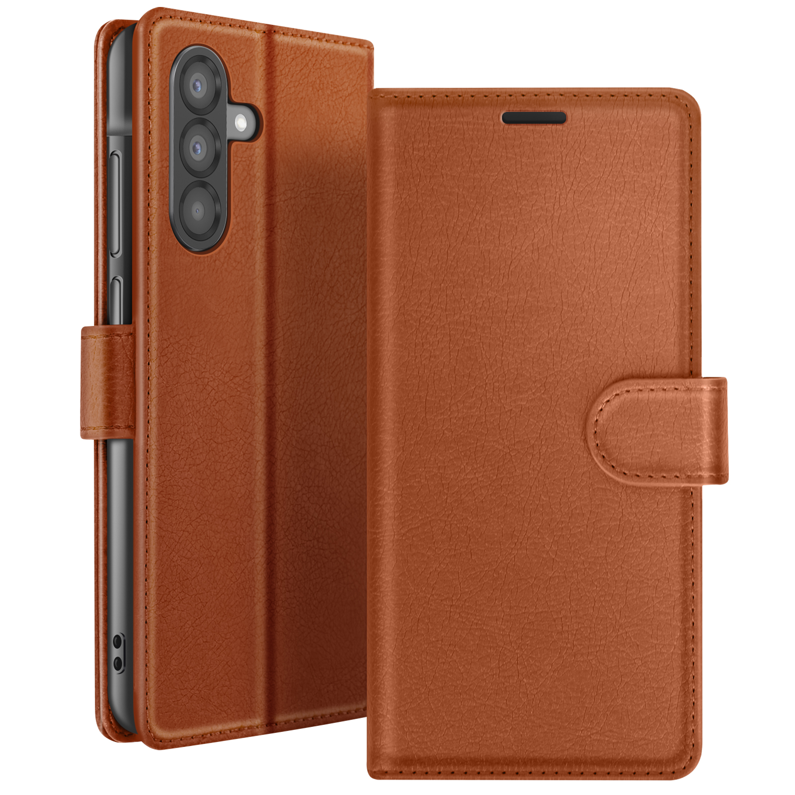 Étui de téléphone en cuir marron, ouvert pour afficher un téléphone. Comprend une découpe pour l'appareil photo et une fermeture magnétique.