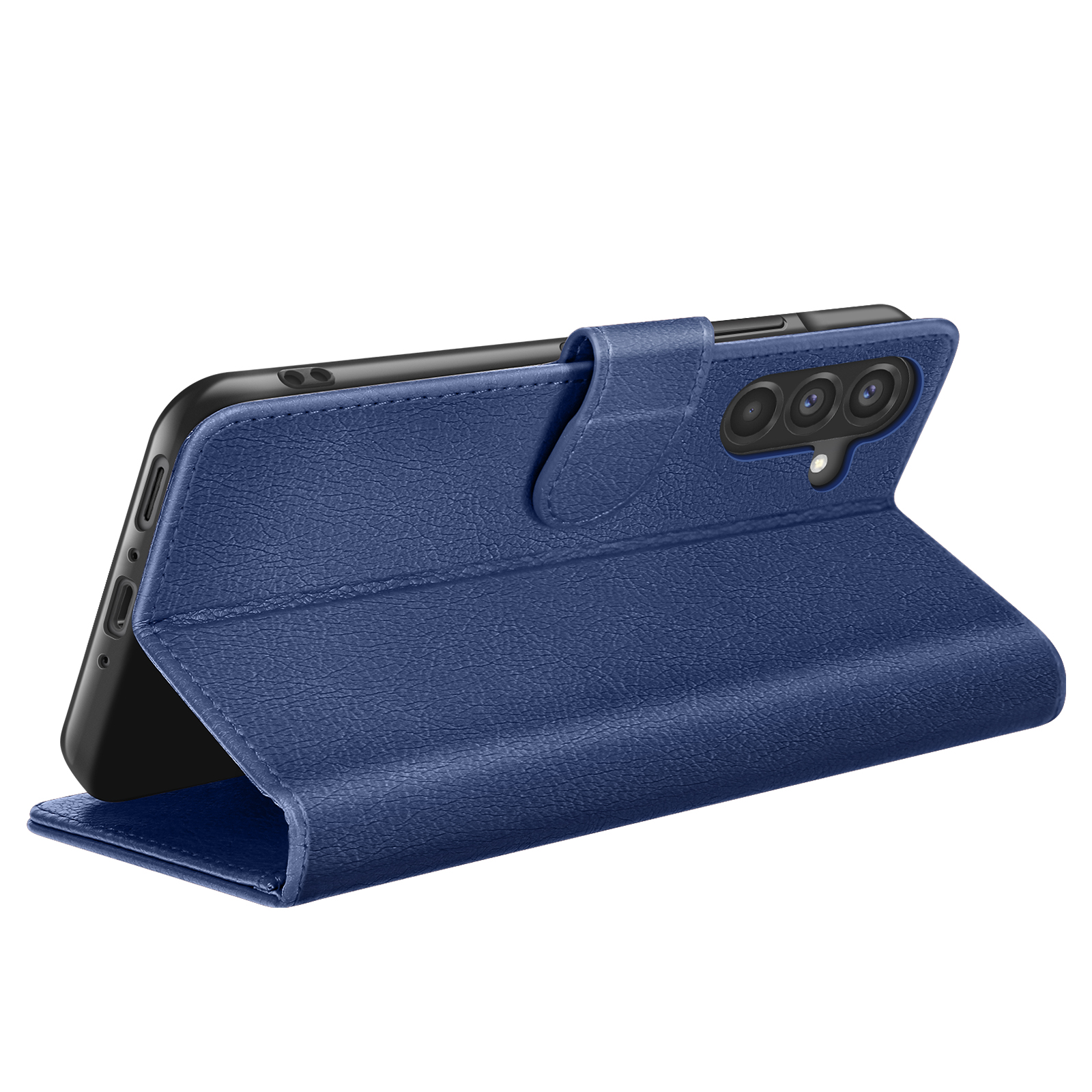 Étui de téléphone en cuir bleu sur fond blanc. Le téléphone est dans l'étui, partiellement ouvert.
