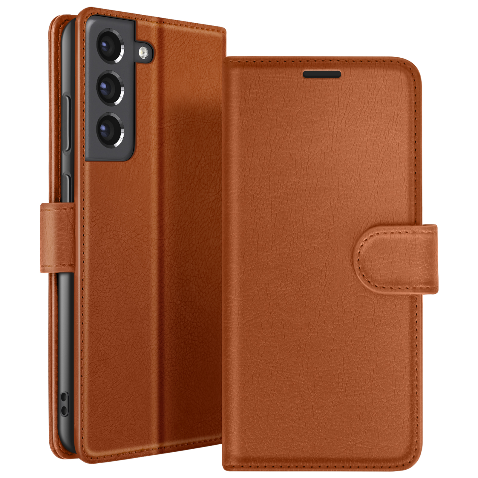 Bruine leren telefoonhoes met een klaphoes, met de camera's van de telefoon. Het heeft een magnetische sluiting.