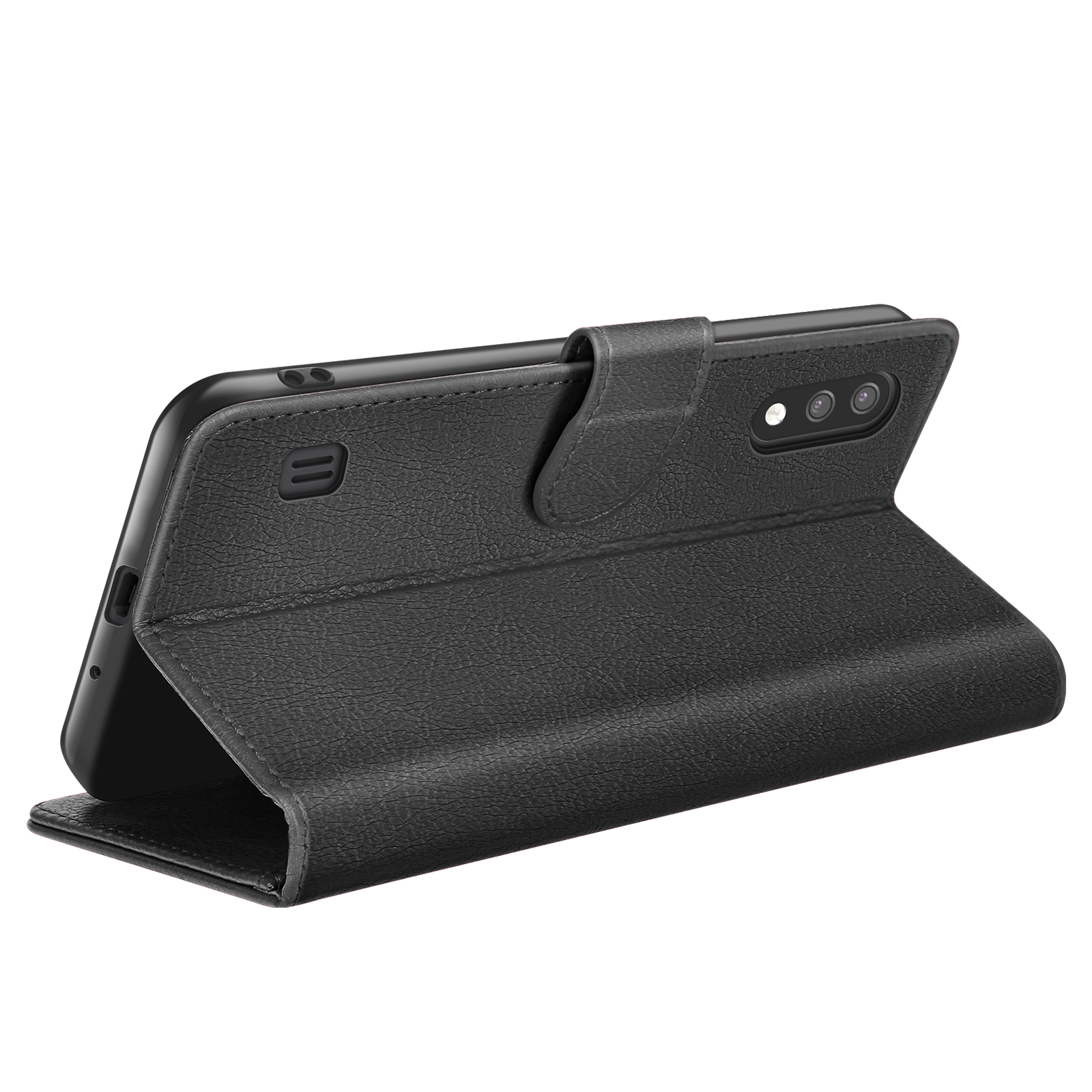 Coque de téléphone noire avec rabat. Le téléphone est à l'intérieur de la coque. Le rabat est ouvert.