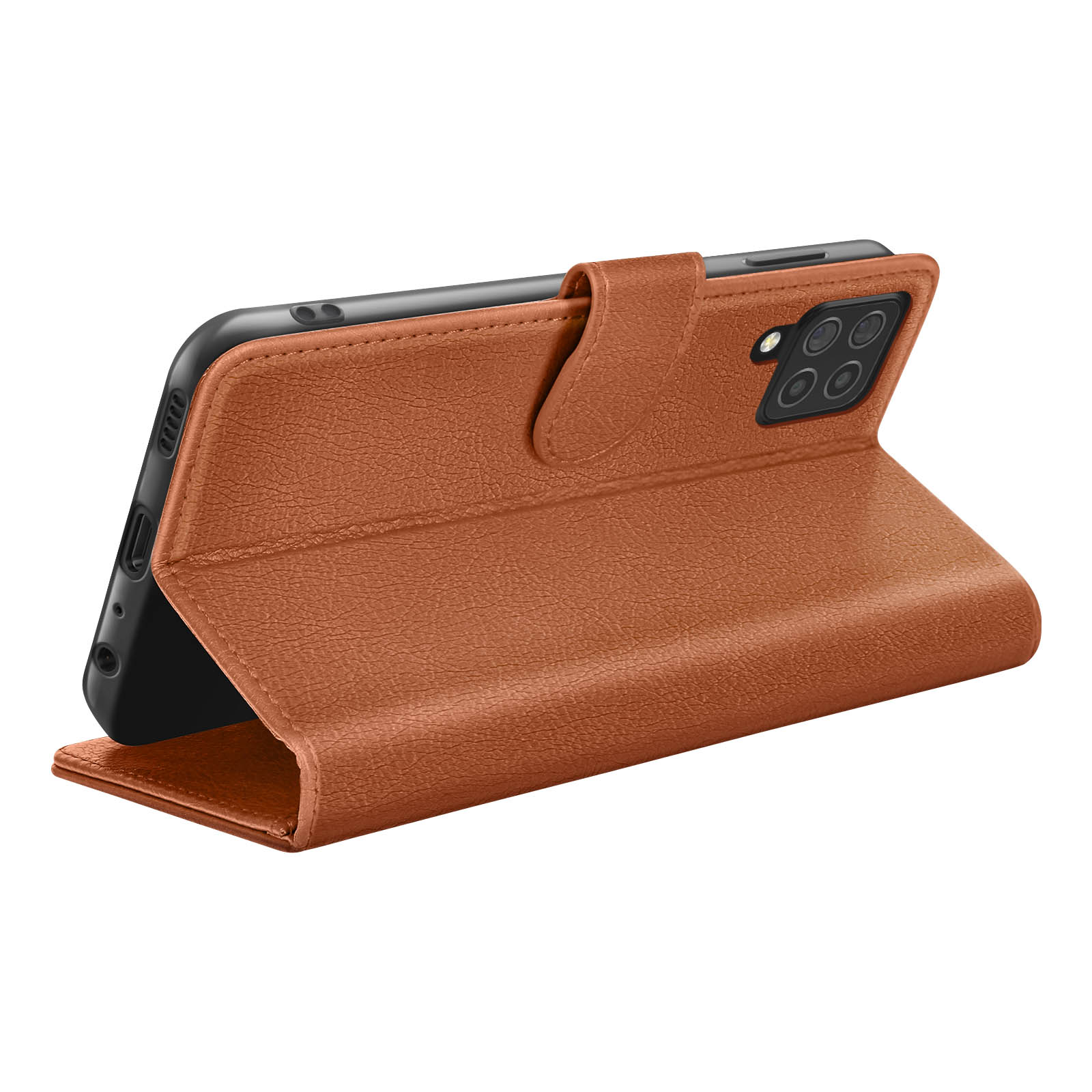 Un étui de téléphone en cuir marron est ouvert, révélant un téléphone noir. L'étui a une finition texturée et une fermeture magnétique.