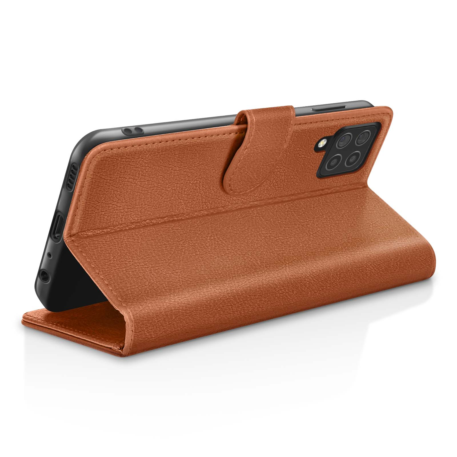 Un étui de téléphone en cuir marron est ouvert. Le téléphone est noir et l'étui a une finition texturée.