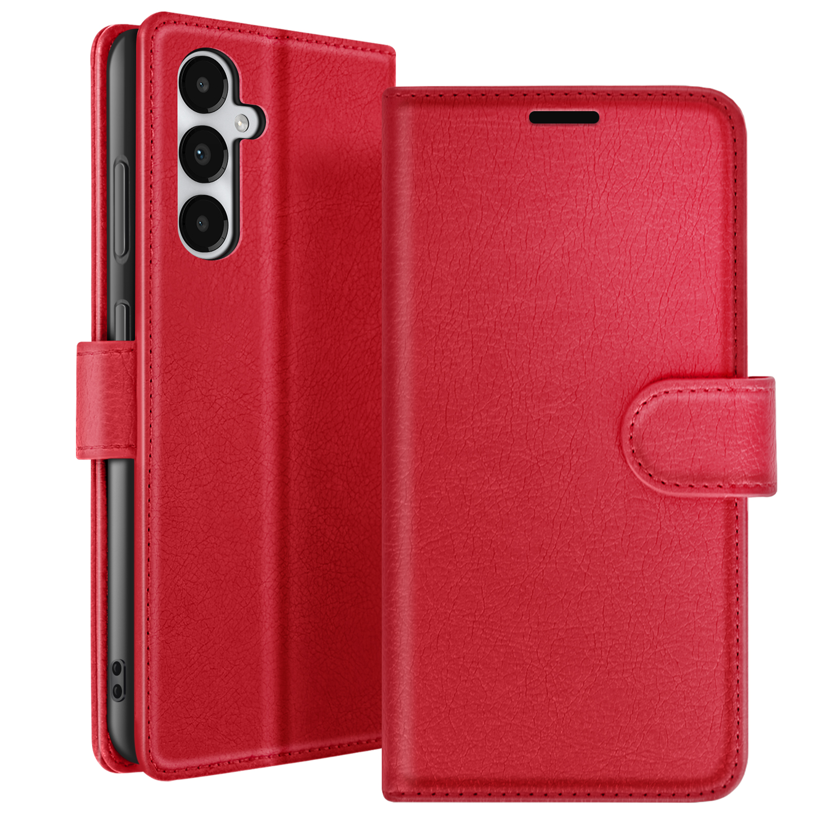 Un étui de téléphone rouge, ouvert pour afficher un téléphone noir. L'étui a une fermeture magnétique et une surface texturée.