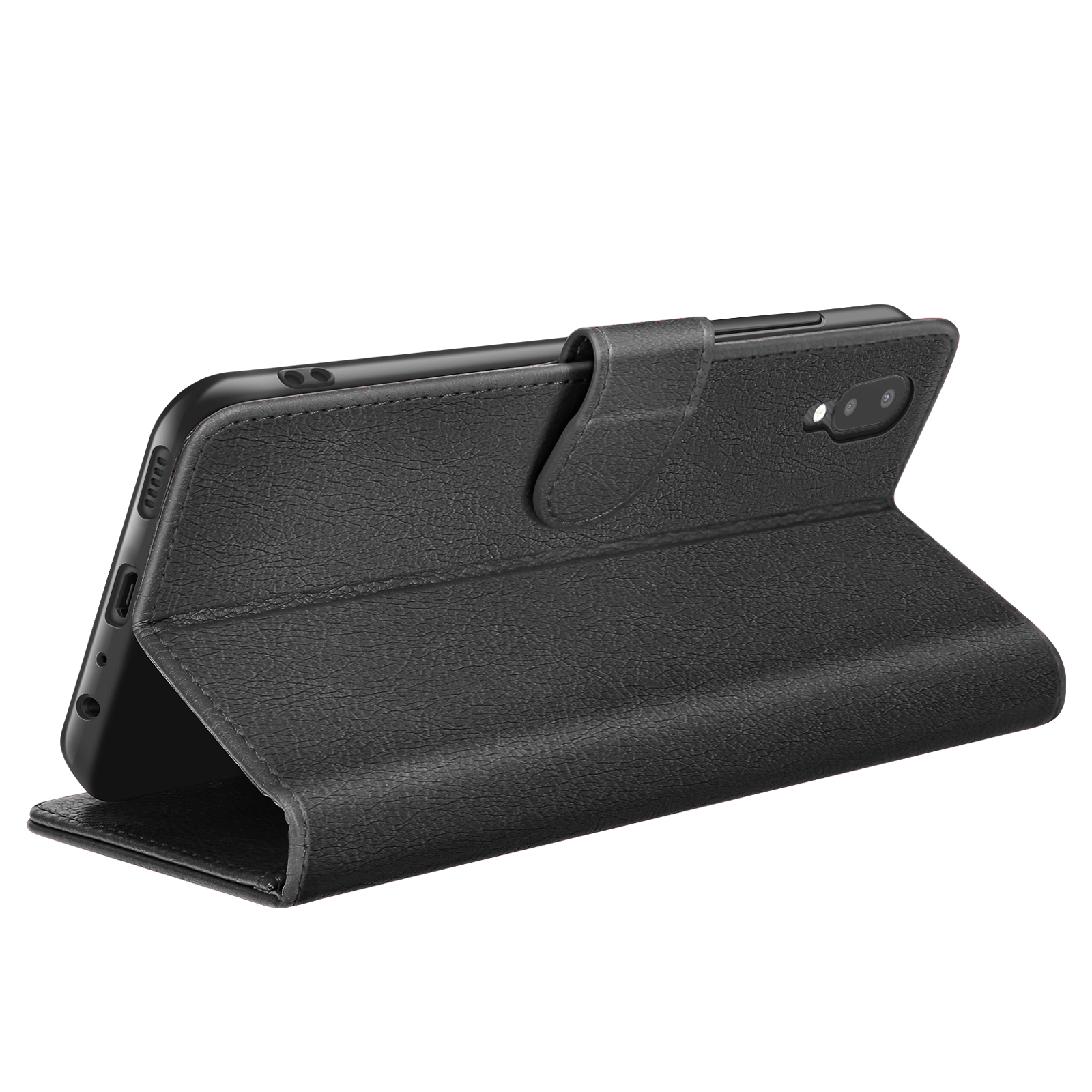 Étui de téléphone noir, ouvert, montrant le téléphone. Texture simulant le cuir. Fond blanc.