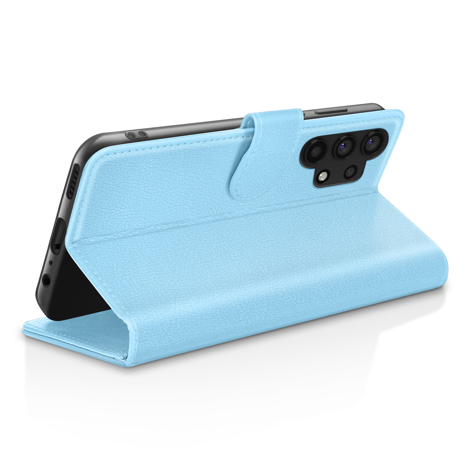 Eine hellblaue Handyhülle ist geöffnet, mit einem schwarzen Telefon darin. Die Hülle hat eine strukturierte Oberfläche.