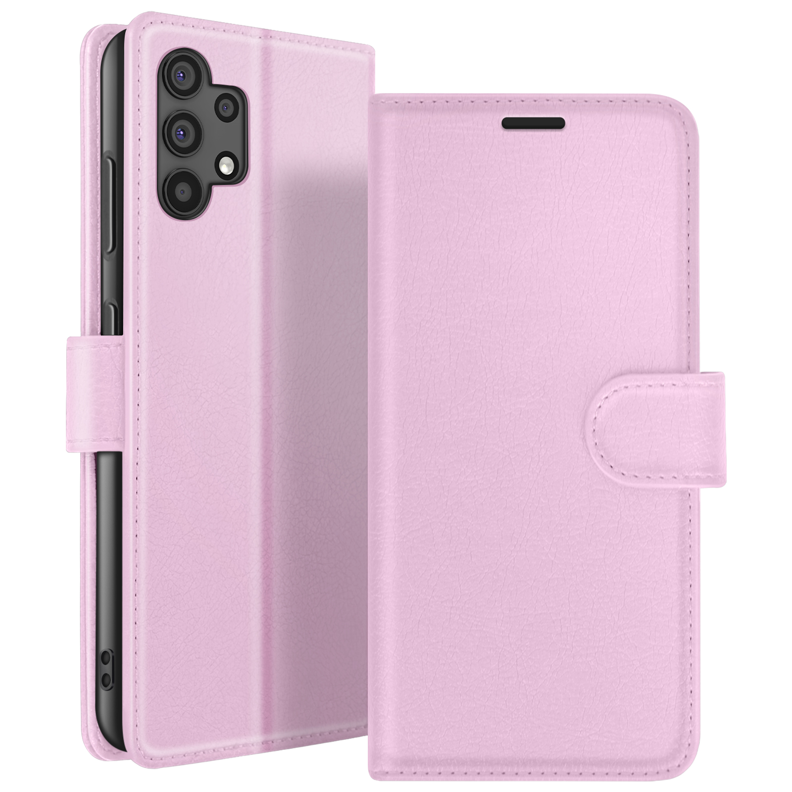 Een roze telefoonhoesje, open en dicht, met een telefoon erin. Met een camera-uitsparing en een magnetische sluiting.