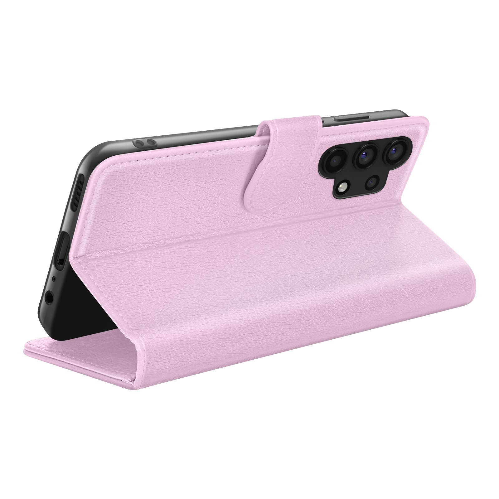 Roze telefoonhoes open, met een zwarte telefoon. De hoes heeft een textuuroppervlak en een magnetische sluiting.