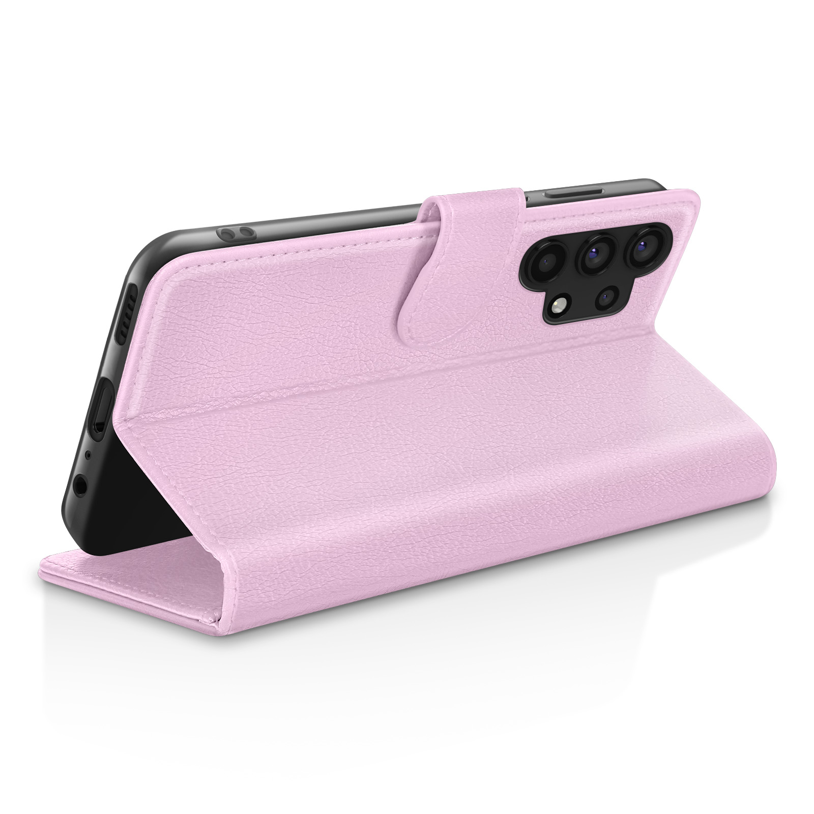 Een roze telefoonhoesje, open, met een zwarte telefoon erin. De hoes heeft een textuuroppervlak en een magnetische sluiting.
