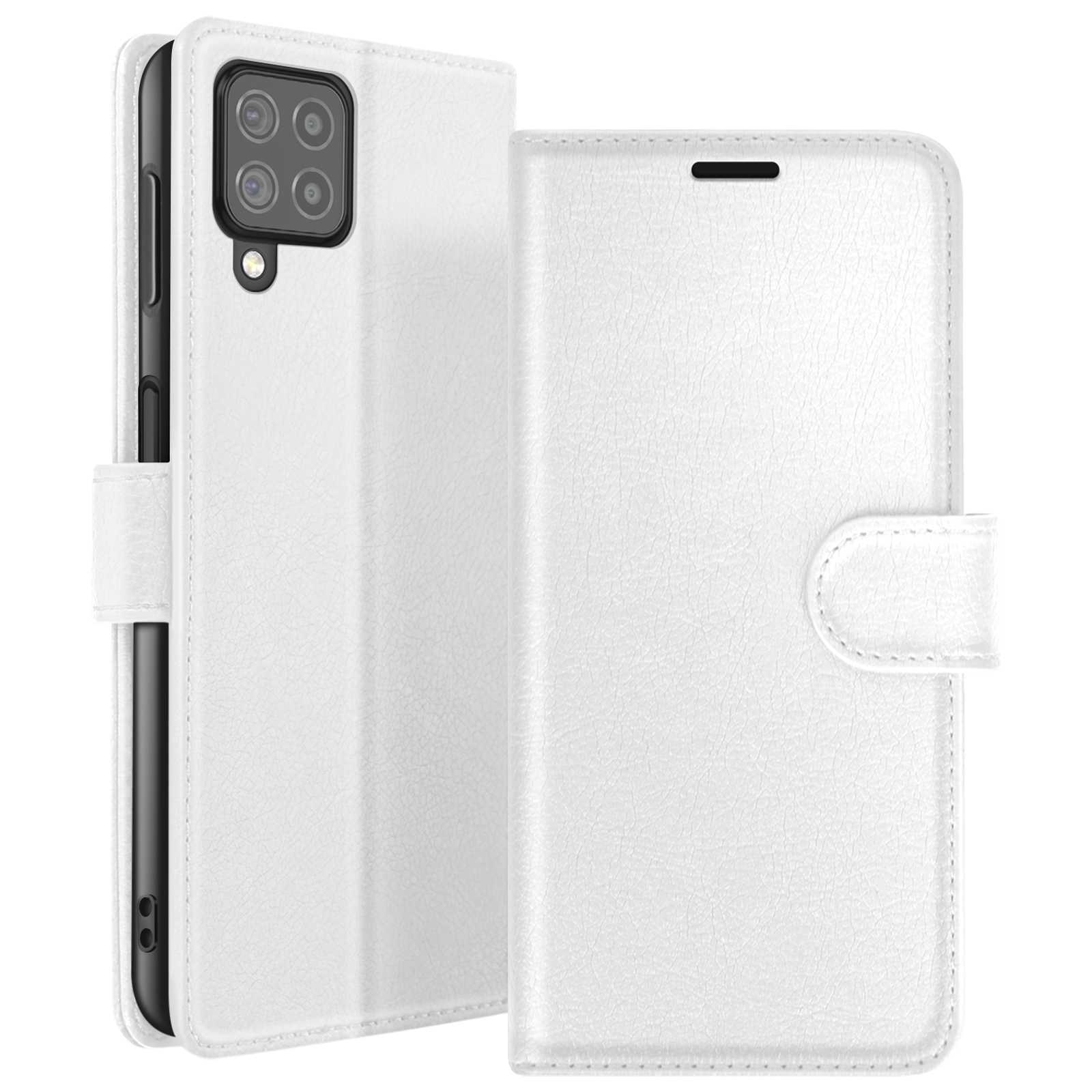 Étui de téléphone en cuir blanc, ouvert. Téléphone à l'intérieur, détails de la caméra visibles. Couverture texturée avec fermoir.