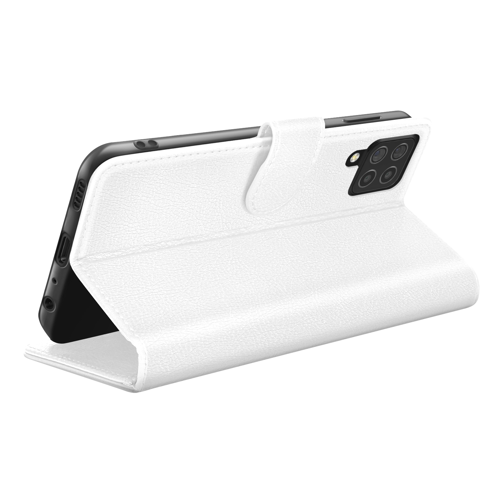 Un étui de téléphone blanc est ouvert, révélant un téléphone noir. L'étui a une surface texturée et une fermeture magnétique.