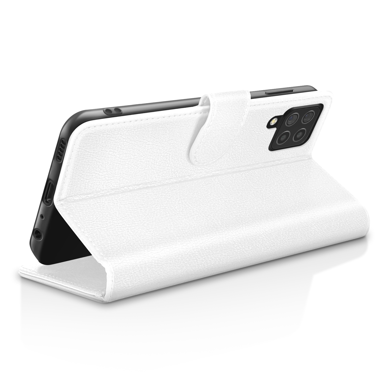 Étui de téléphone blanc avec un téléphone noir à l'intérieur. L'étui est ouvert, montrant l'écran.