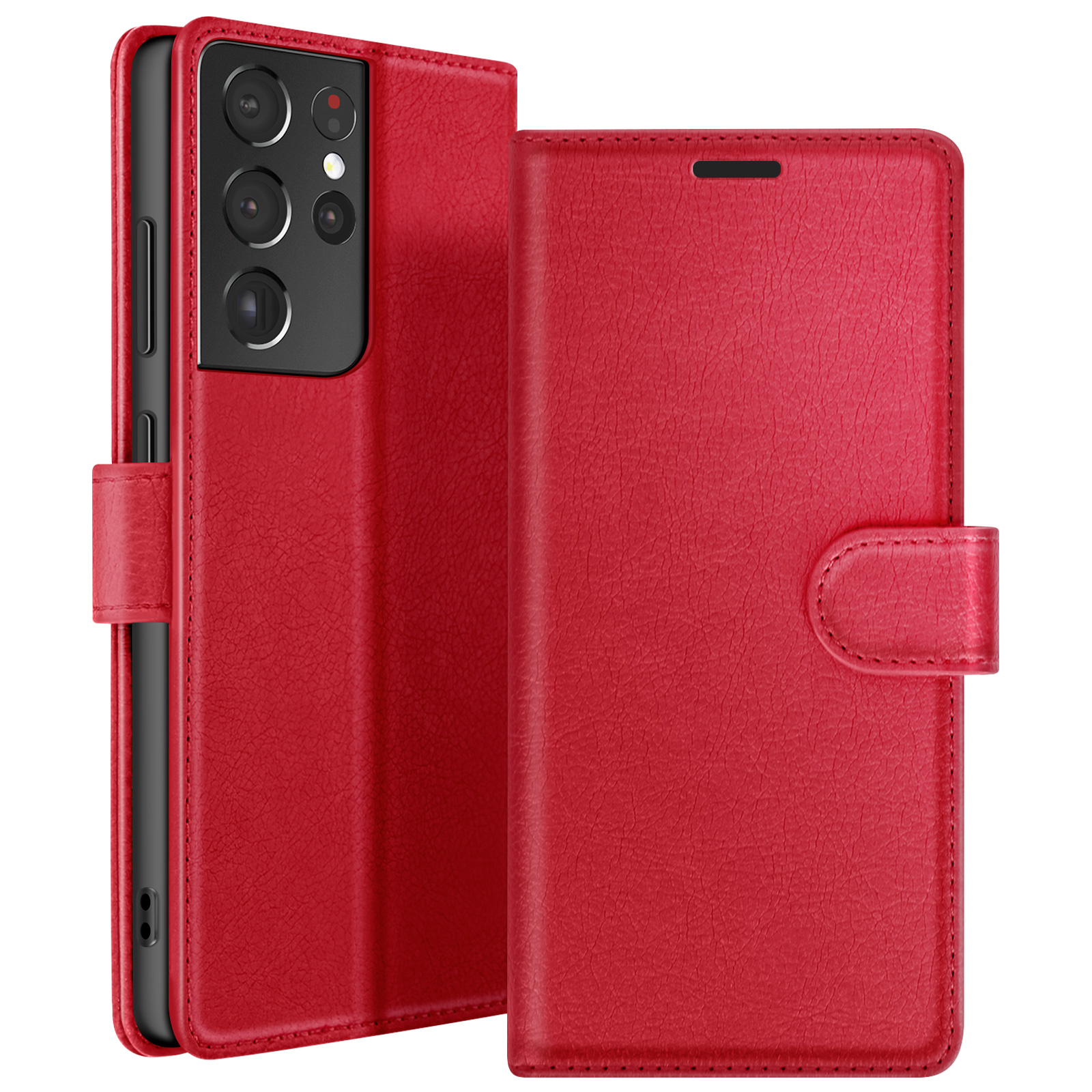 Rode leren telefoonhoes met telefoon erin. De hoes is open en toont de cameralenzen.