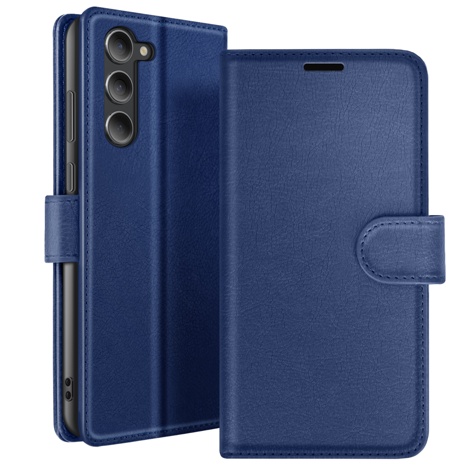Un étui de téléphone en cuir bleu, ouvert. Un téléphone est à l'intérieur, avec des caméras visibles. L'étui a une fermeture magnétique.