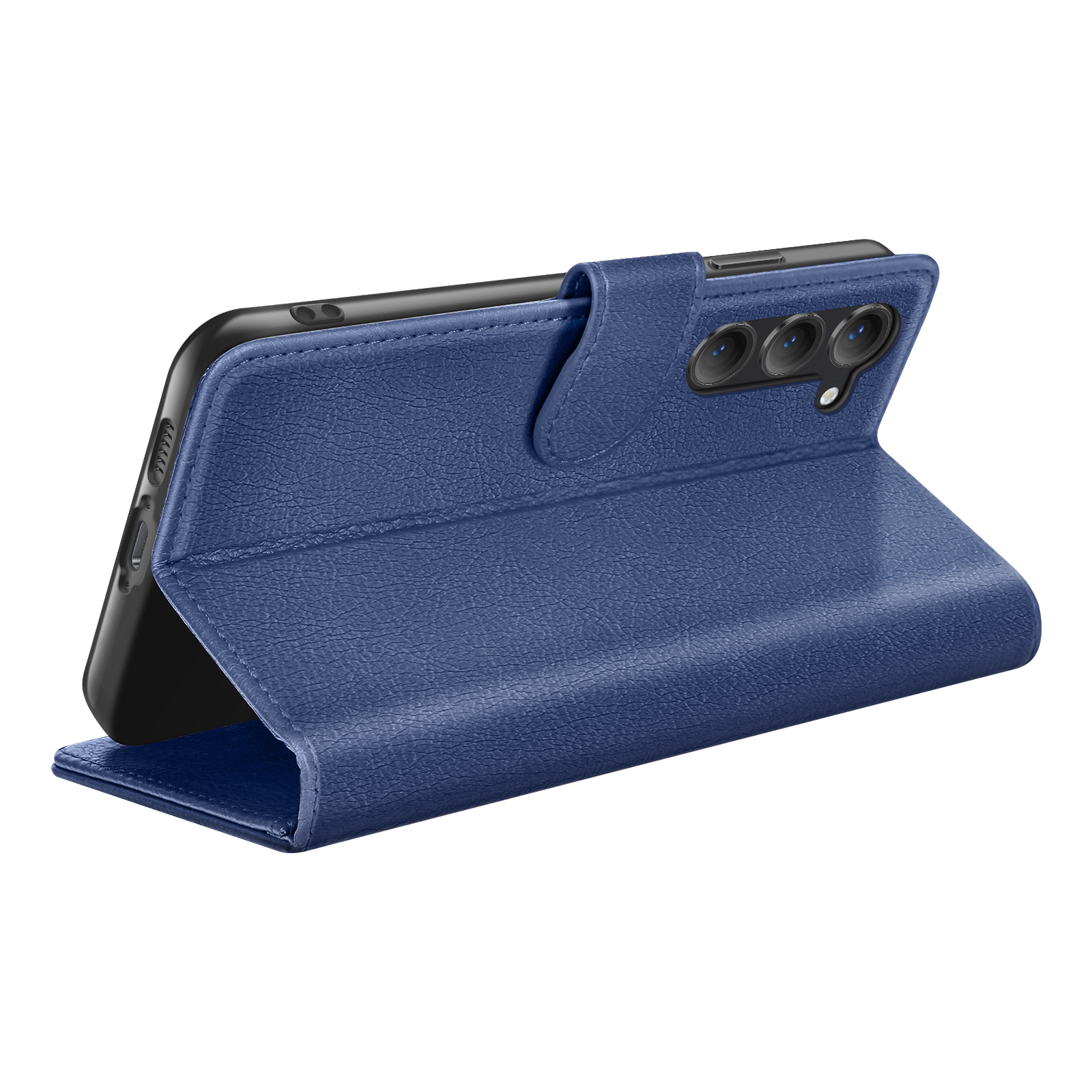 Étui de téléphone en cuir bleu avec un téléphone à l'intérieur. Montre la caméra et l'étui ouvert.