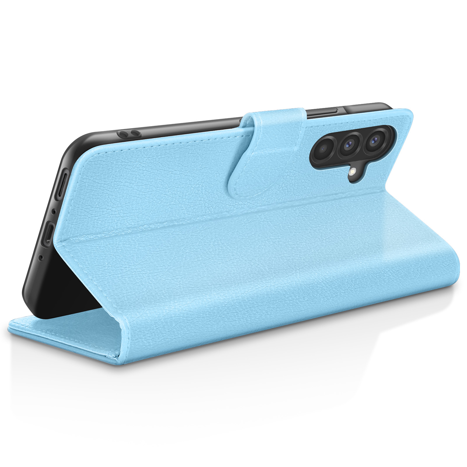 Een lichtblauwe telefoonhoes is open en toont een zwarte telefoon. De hoes is leerachtig en heeft een magnetische sluiting.