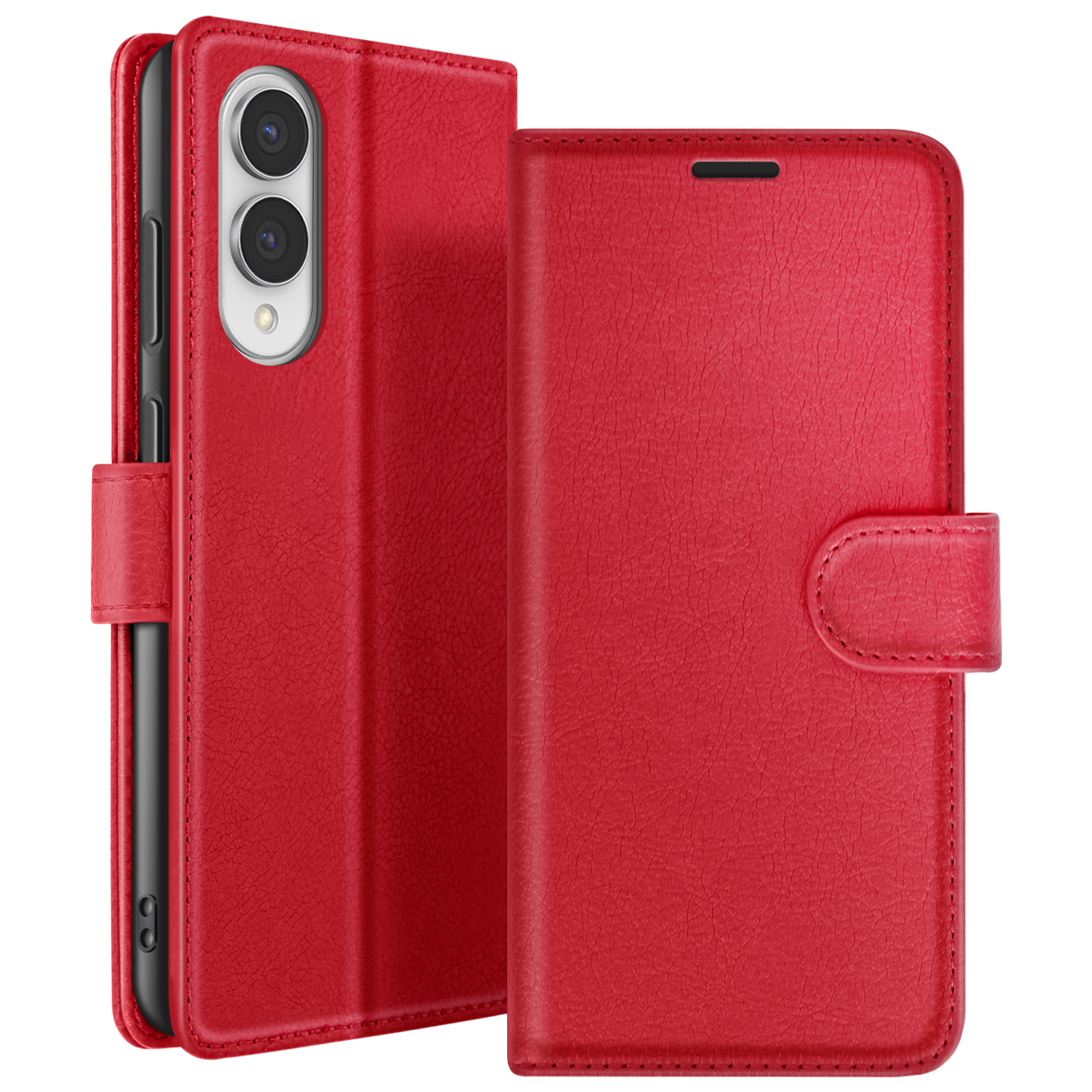 Étui de téléphone en cuir rouge, ouvert pour révéler un téléphone avec plusieurs caméras. L'étui a une fermeture à boucle.