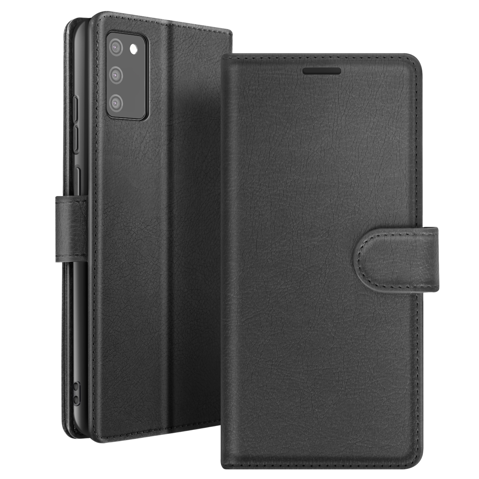 Zwarte leren telefoonhoes, open en dicht. Voorzien van een knoopsluiting en een uitsparing voor de camera aan de achterkant. Geïsoleerd op wit.
