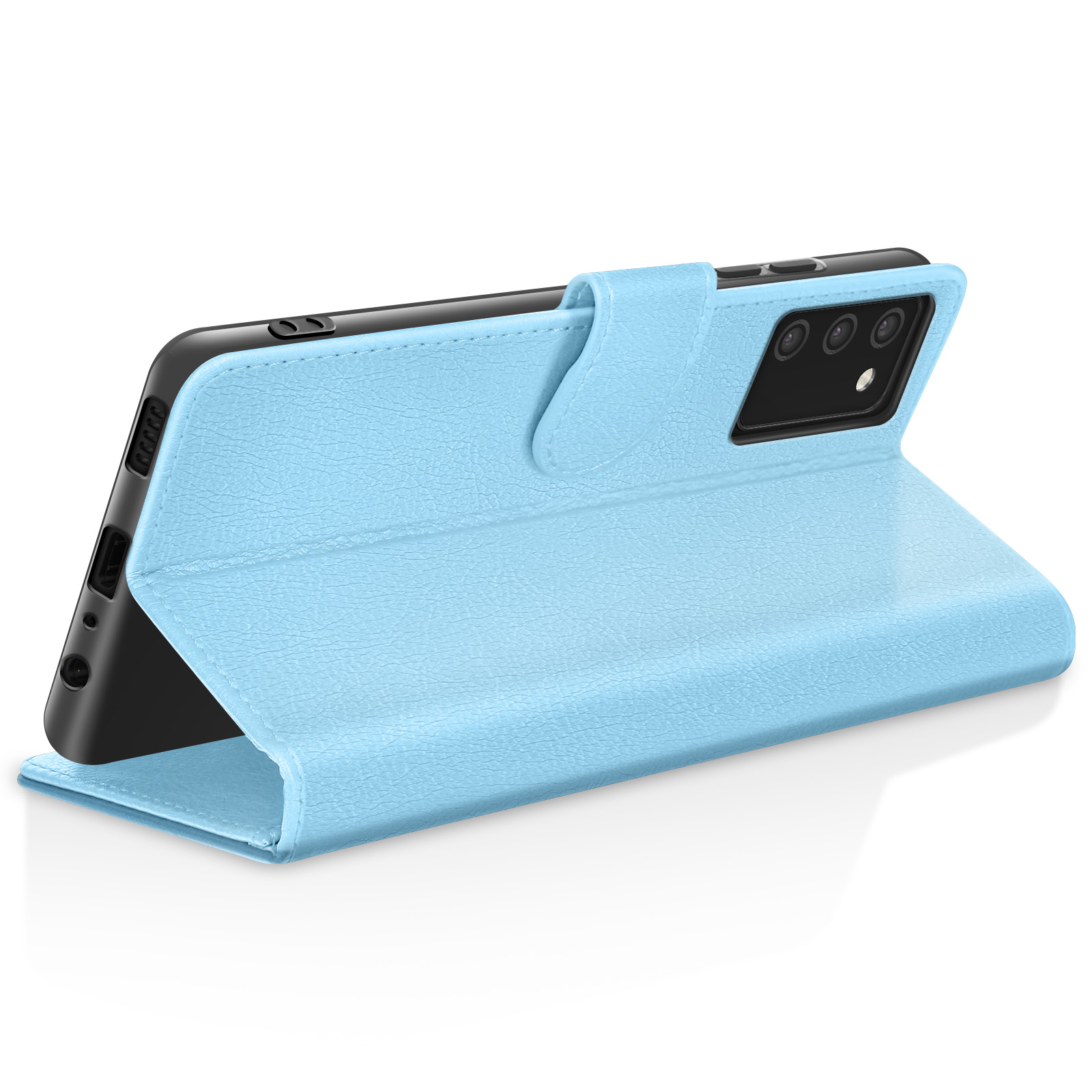 Een lichtblauwe telefoonhoes is open om een zwarte telefoon te laten zien. De hoes heeft een gestructureerd oppervlak en een magnetische sluiting.