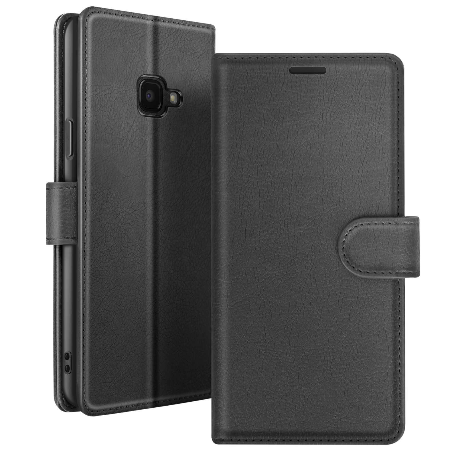Zwarte leren telefoonhoes, met open en gesloten secties, een camera-uitsparing en een magnetische sluiting.