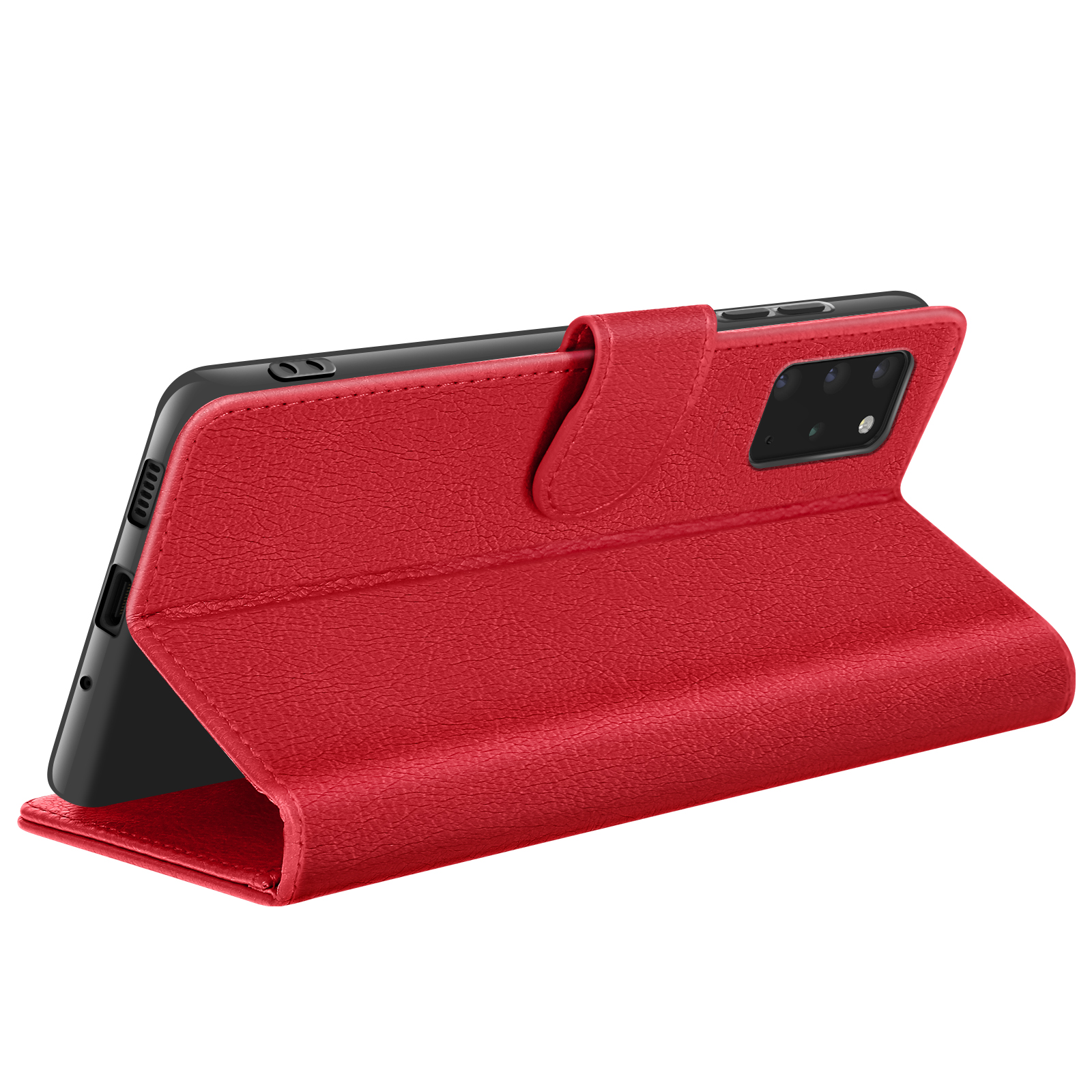 Een rode leren telefoonhoes, open, met een zwarte smartphone. De hoes omsluit de telefoon.