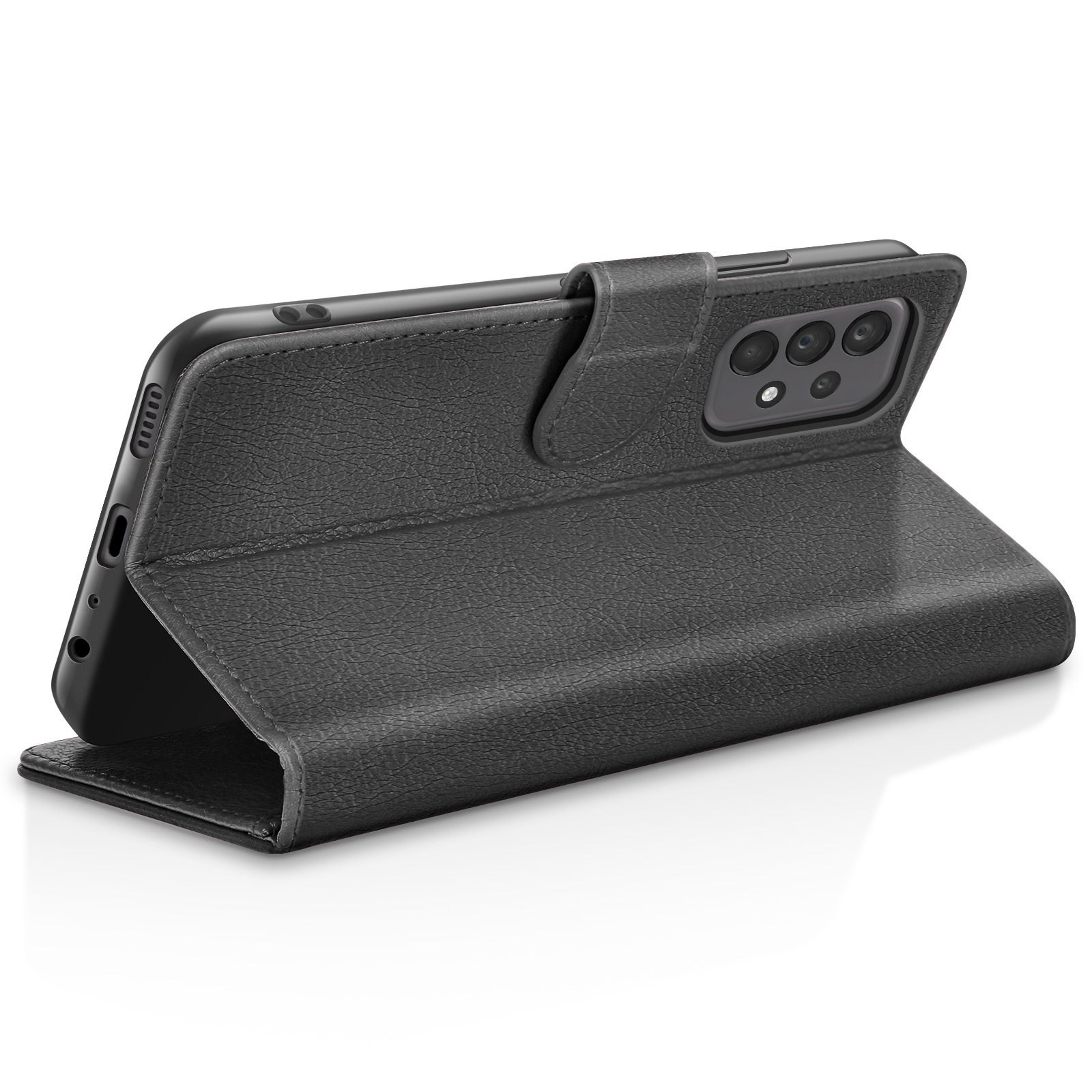 Eine schwarze Handyhülle ist geöffnet und zeigt ein Telefon. Die Hülle hat eine strukturierte Oberfläche und einen Verschluss. Das Telefon hat Kameras.