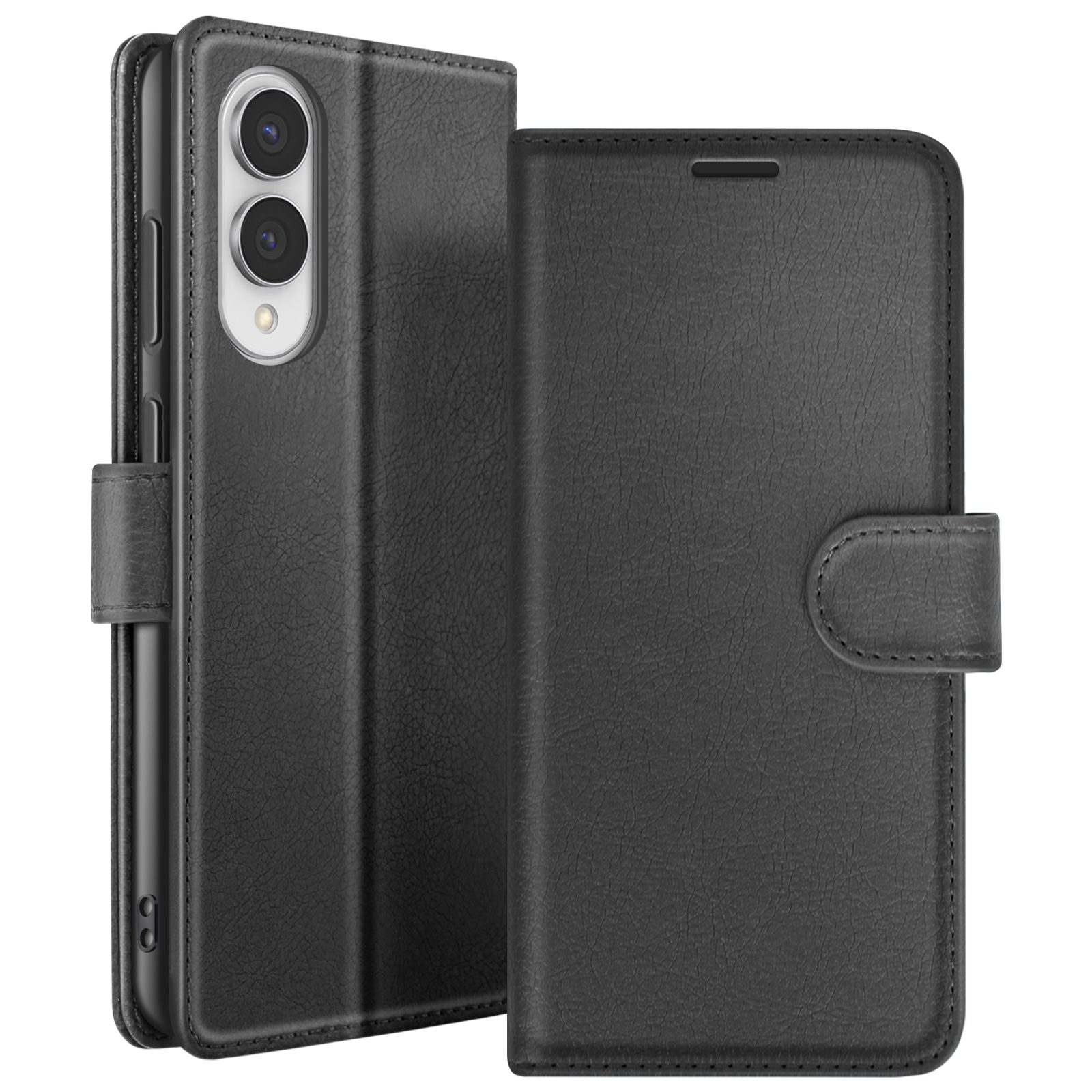 Étui de téléphone en cuir noir avec fermeture magnétique et découpe pour l'appareil photo. Il est conçu pour protéger le téléphone.