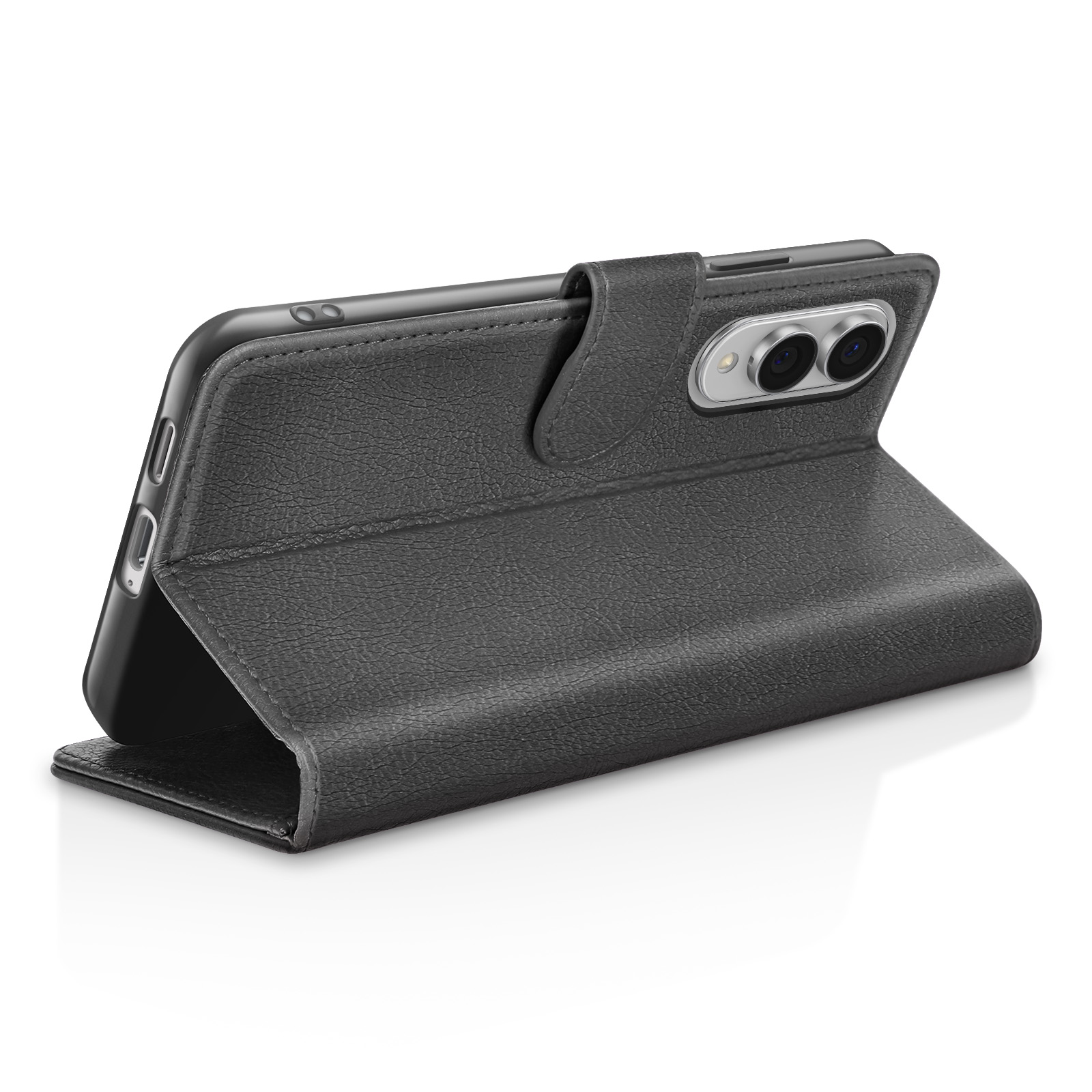 Étui de téléphone noir en mode paysage. Le téléphone est à l'intérieur. L'étui a une finition texturée et une fermeture magnétique.