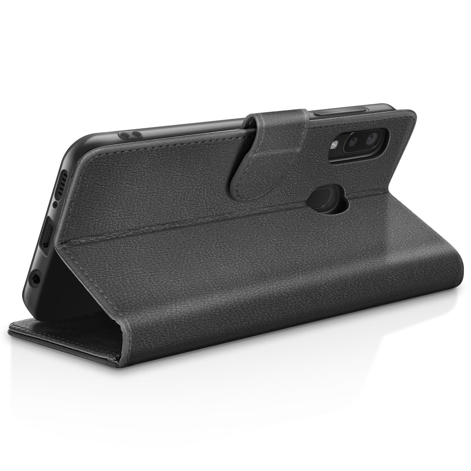 Een zwarte telefoonhoes is open en onthult een zwarte smartphone. De hoes is getextureerd en heeft een magnetische sluiting.